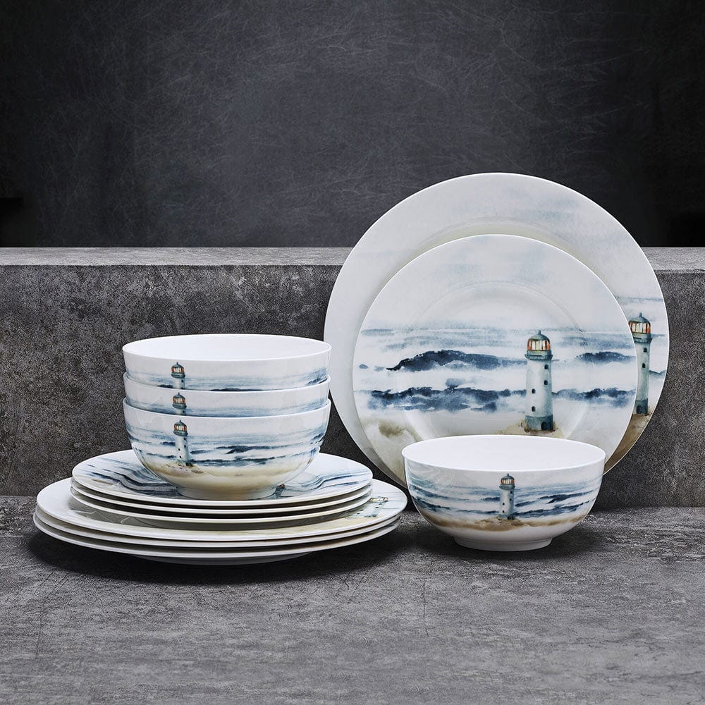 Seaside 12-Piece Dinnerware Set - Service for 4 People - Elegant Porcelain Plates, Bowls & Mugs - Perfect for Beach House, Coastal Dining & Entertaining Guests