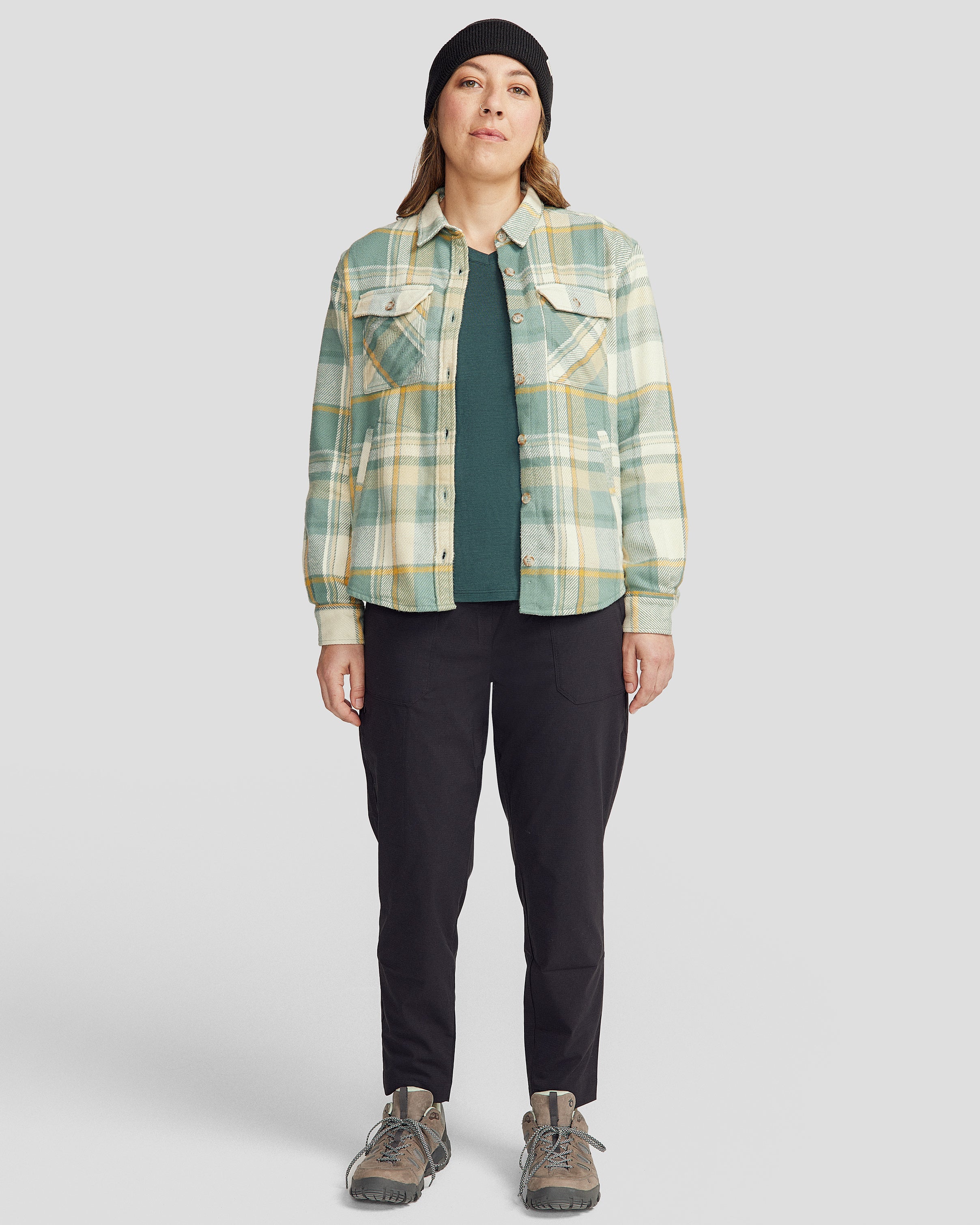 Women's Huntly Long Sleeve Plaid Shirt - Light Forest Cabin Print - Casual Fall & Winter Flannel Top for Outdoor Adventures & Cozy Layering