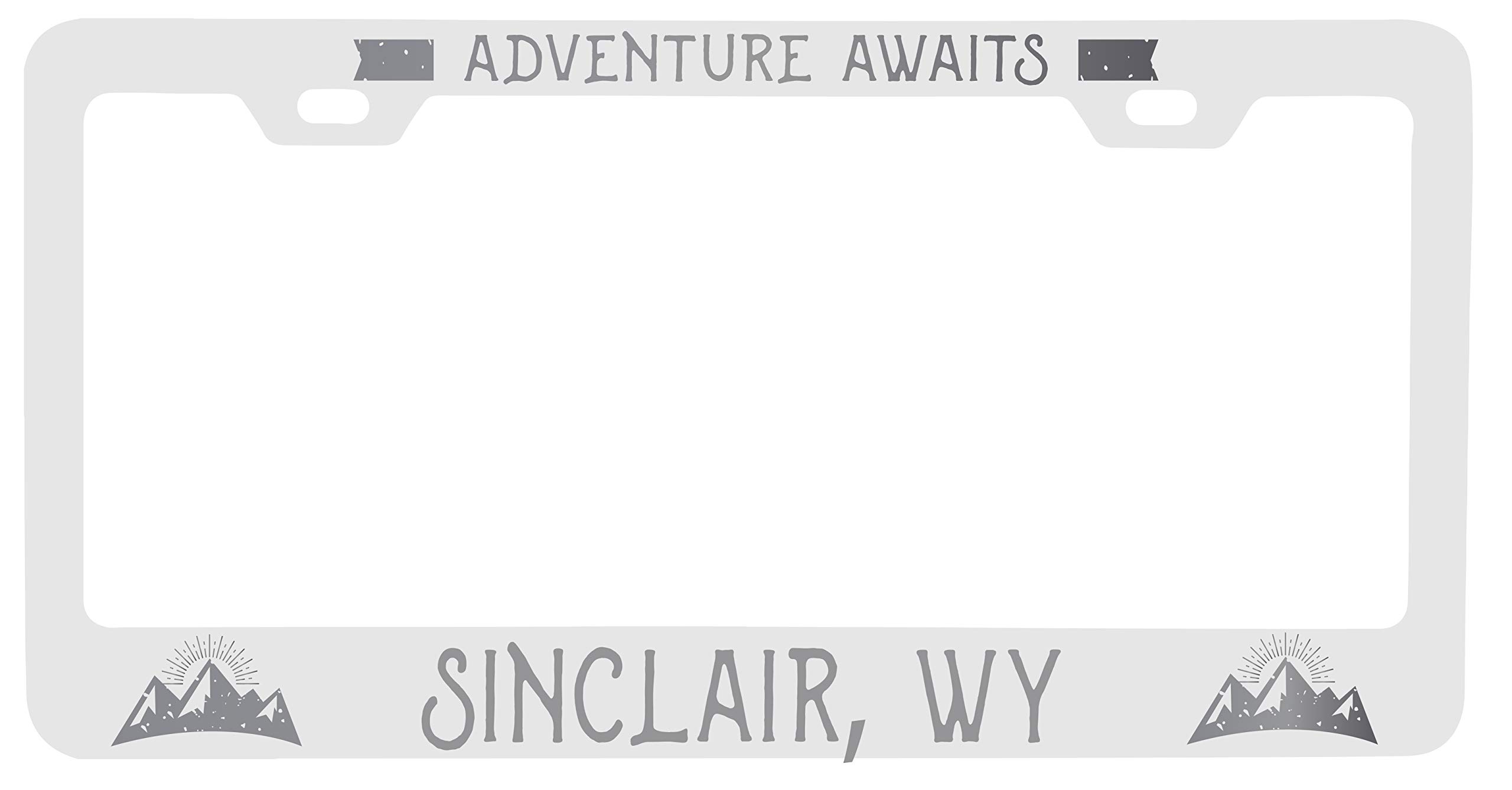 Sinclair Wyoming Laser Engraved Metal License Plate Frame - 'Adventures Awaits' Design - Durable Car Accessory for Road Trips & State Pride