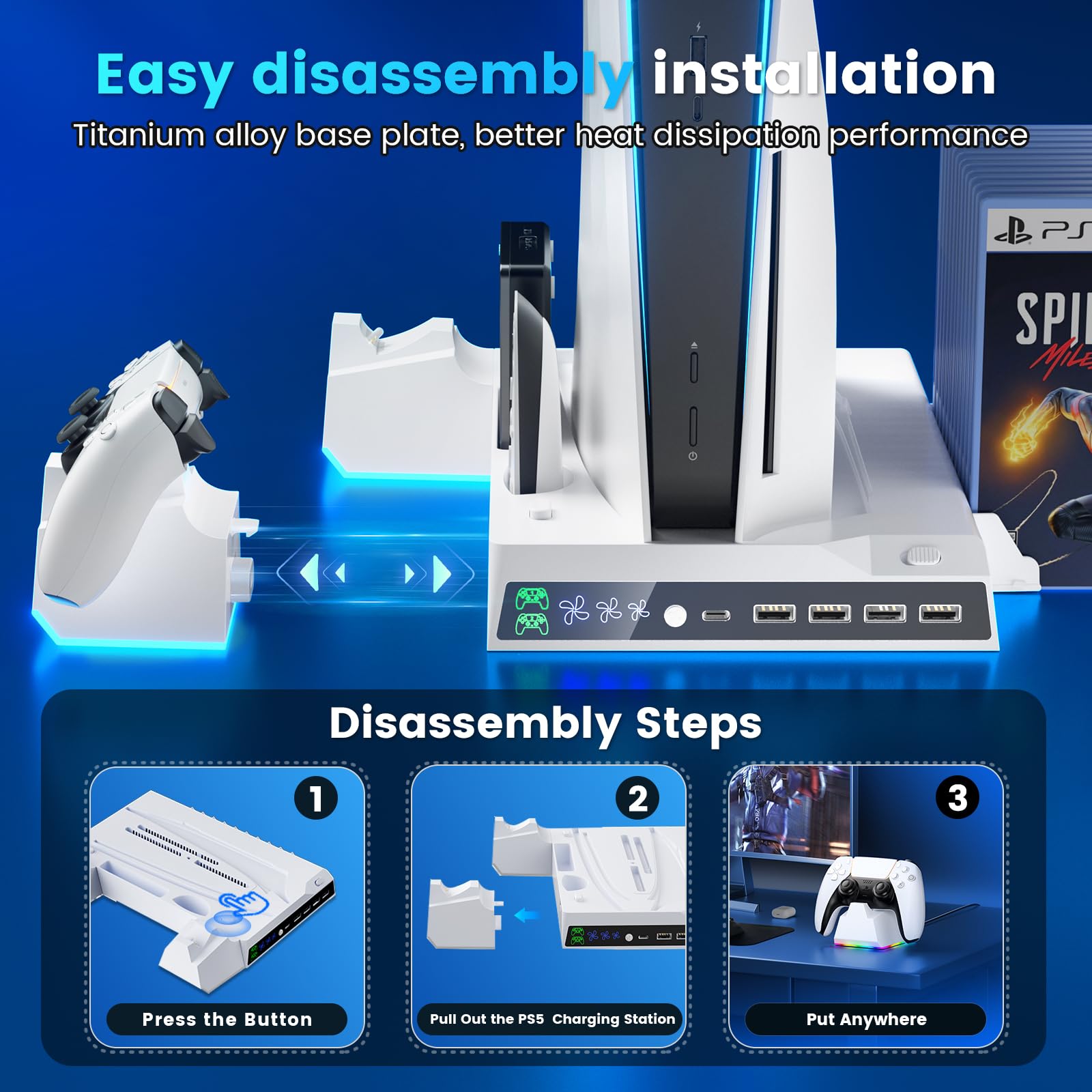 RGB Cooling Stand for PS5/PS5 Slim with LED Lights - PS5 Accessories Includes PS5 Controller Charger, Headset Holder & Vertical Stand - Fast 2-Hour Charging for PS5 Gaming Setup & Entertainment Center