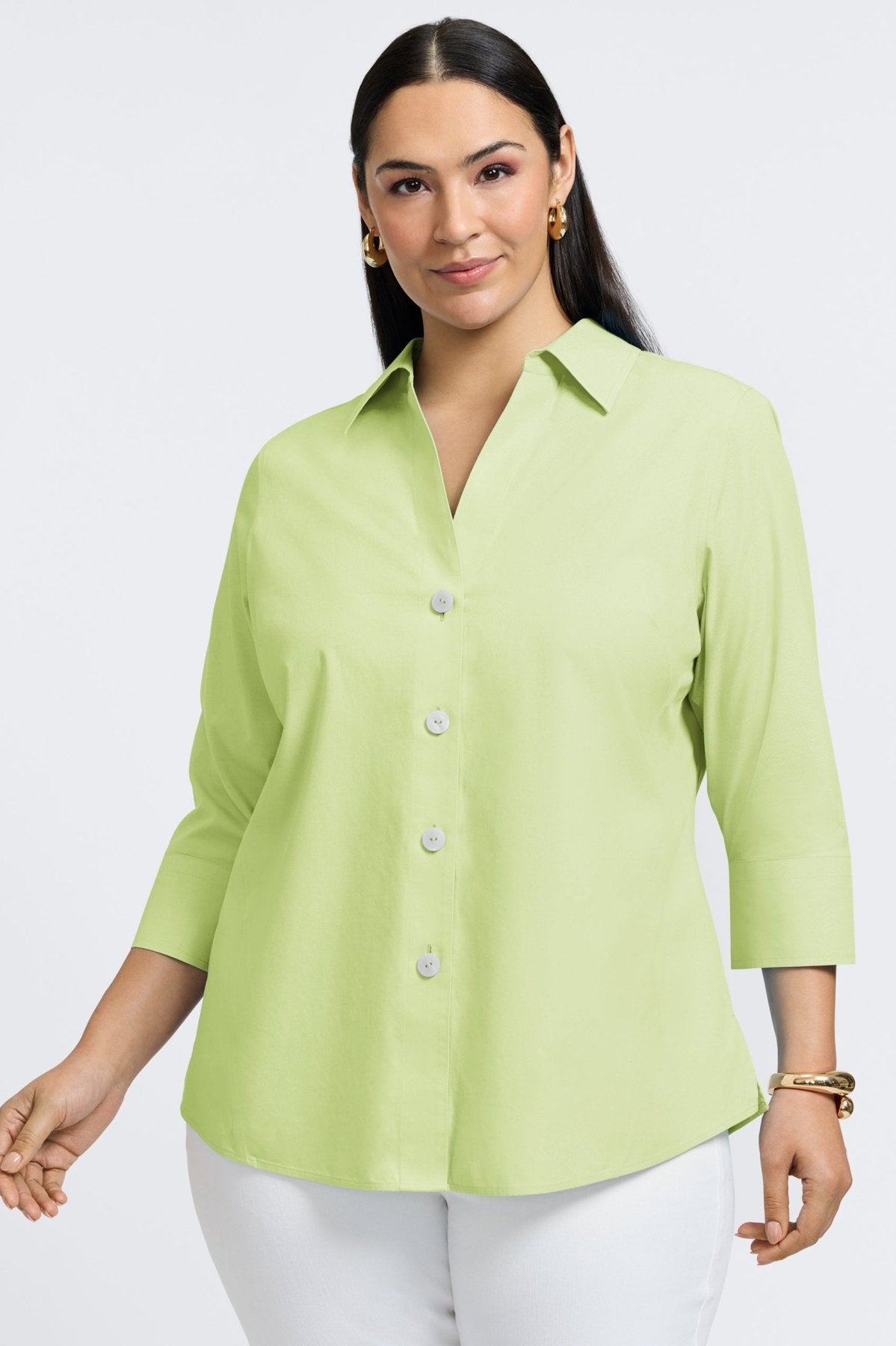 Paityn Plus No Iron Pinpoint 3/4 Sleeve Button Down Shirt for Women - Wrinkle Free Office Wear & Business Casual Outfits