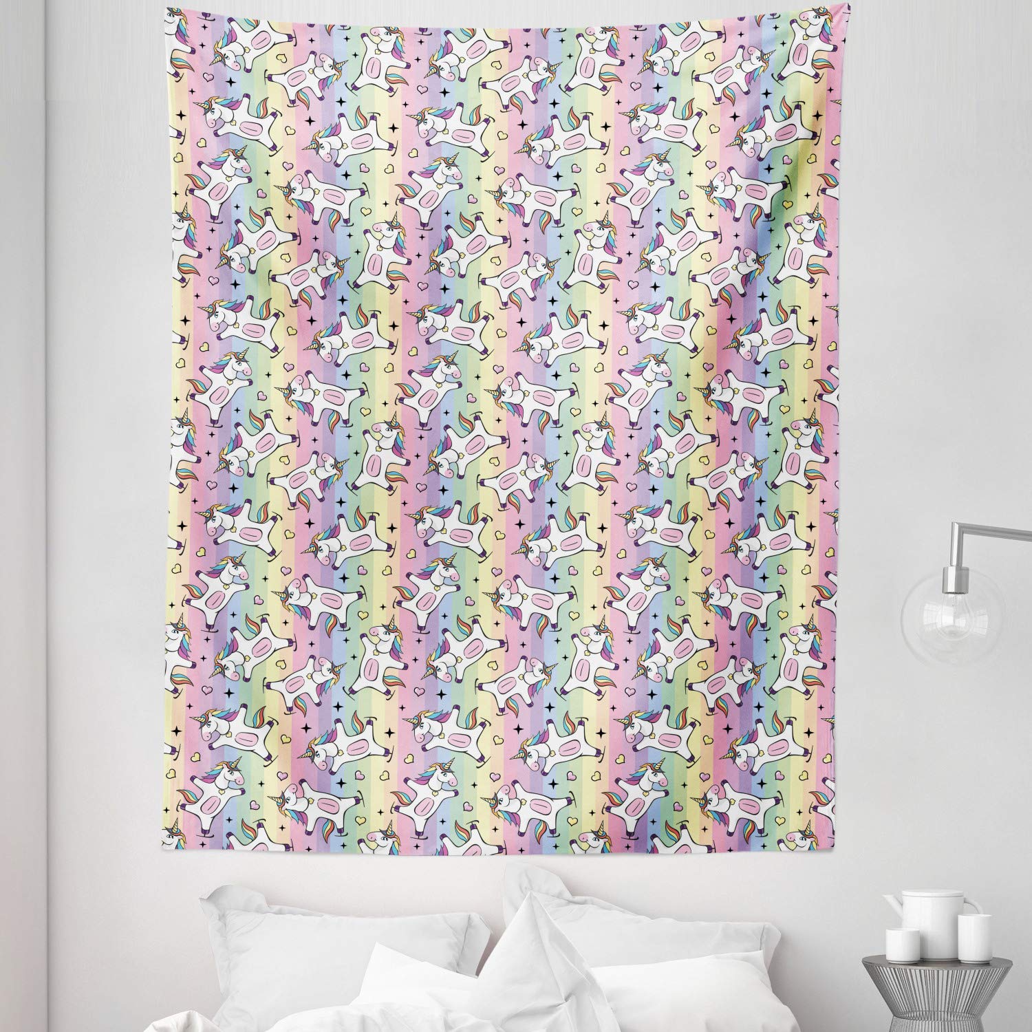 Ambesonne Rainbow Unicorn Ice Skating Tapestry - Twin Size Wall Hanging (68