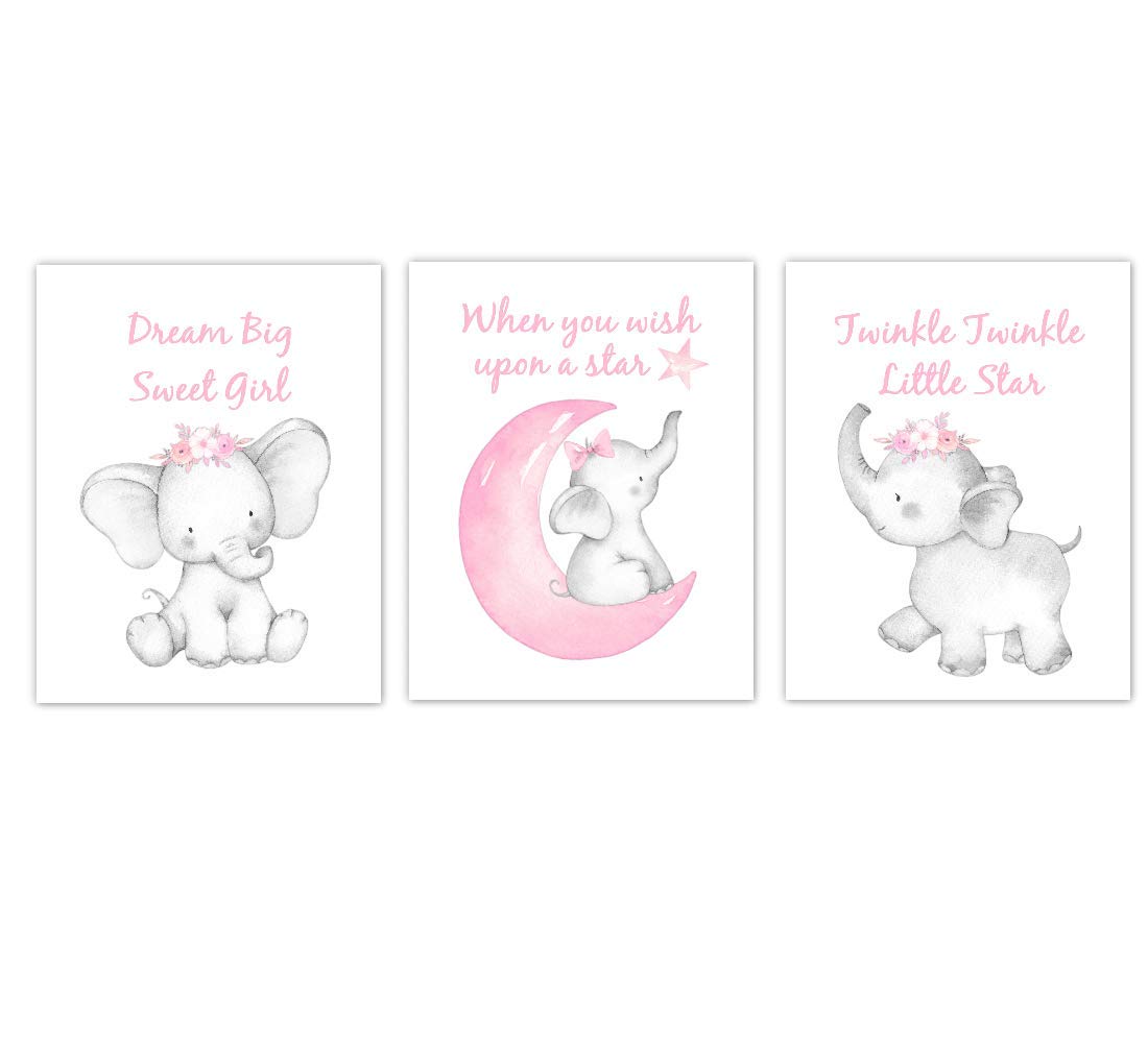 Pink Elephant Watercolor Wall Art Prints - Nursery Decor for Baby Girls, Kids Bedroom, Baby Shower Gift (Set of 3 Unframed) - Perfect for Nursery, Playroom & Children's Room Decorations