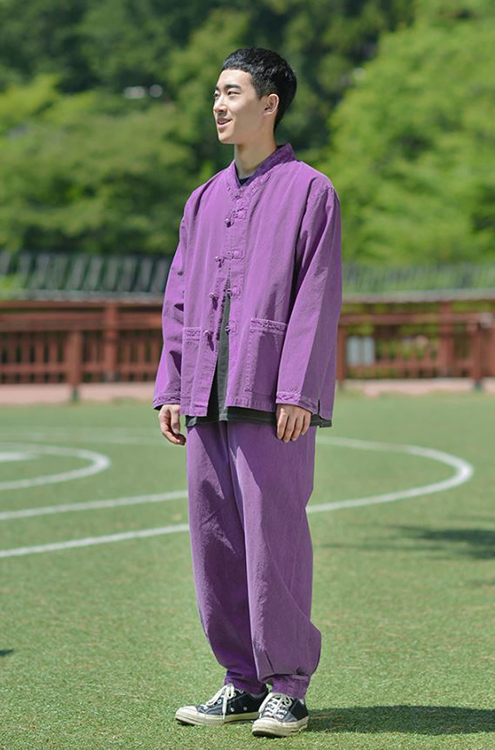 Modern Hanbok for Men & Women - 100% Cotton Washed Casual V-Neck Jacket & Pants Set in Purple (Style 10042) | Comfortable Traditional Korean Clothing for Daily Wear, Cultural Events & Special Occasions