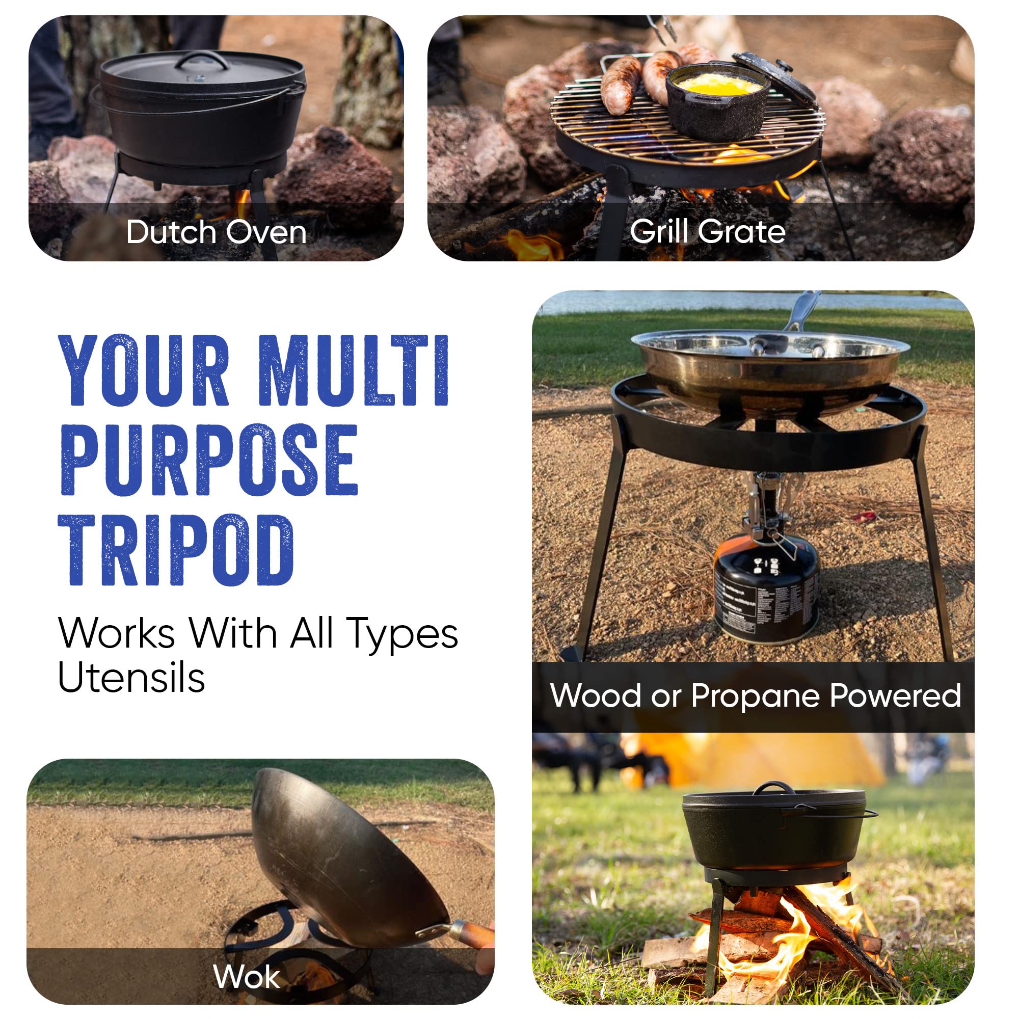 Dutch Oven Campfire Tripod Stand - Heavy Duty Cast Iron Cooking Tripod for Outdoor Camping & Open Fire Grilling - Perfect for Dutch Oven, Skillet & BBQ Over Campfire