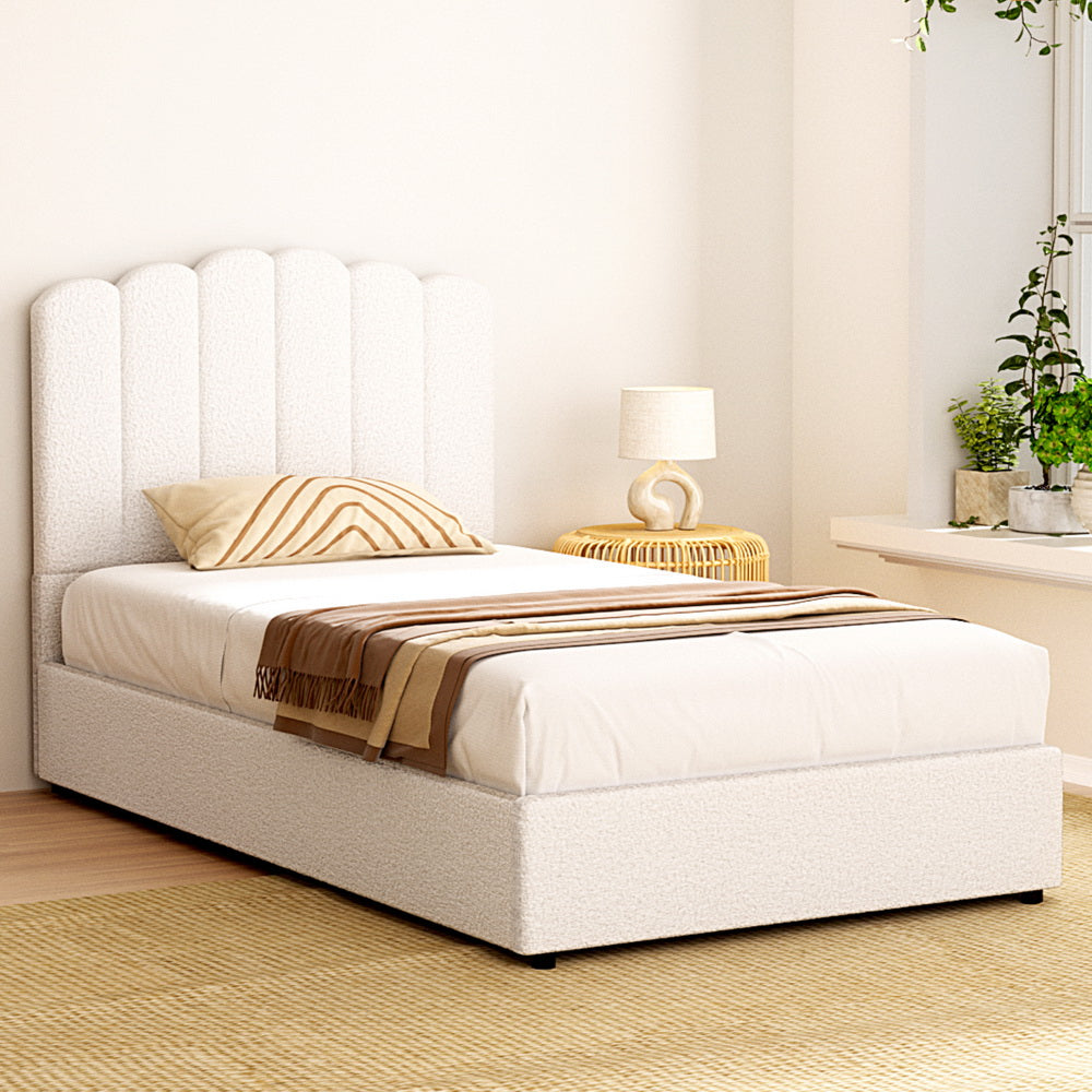 Fion King Single Boucle Storage Bed in Cream White - Space-Saving Platform Bed with Underbed Storage for Small Bedrooms, Dorms & Apartments