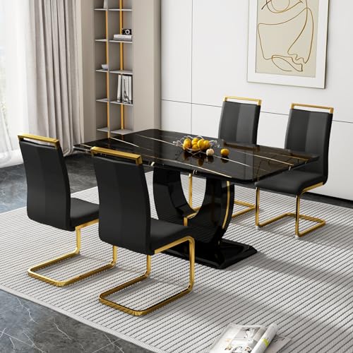 Black Table With 4 Black Golden Chairs