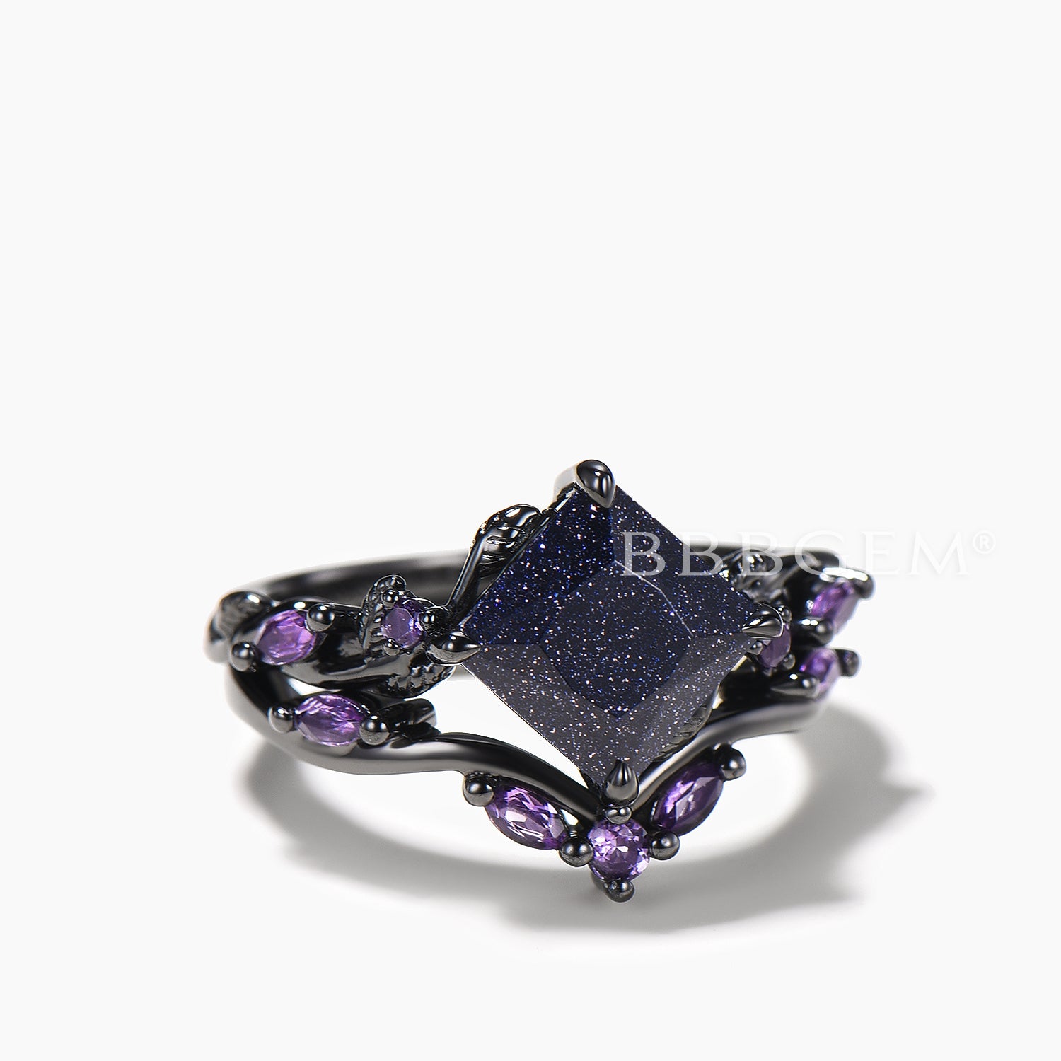 Princess Cut Blue Sandstone & Amethyst Twisted Ring Set – Nature Inspired Bridal Jewelry for Engagement, Wedding & Anniversary Gifts