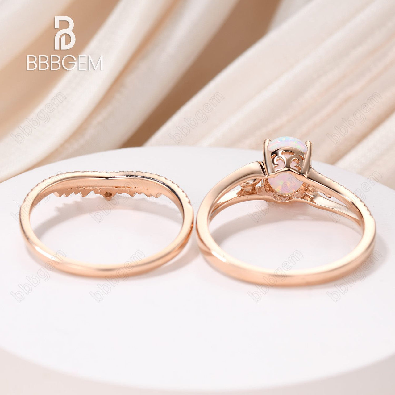 Antique Rose Gold Oval Opal Engagement Ring Set with Diamond Wedding Band - Vintage Curved Design for Unique Bridal Jewelry, Perfect for Proposals, Weddings & Anniversaries