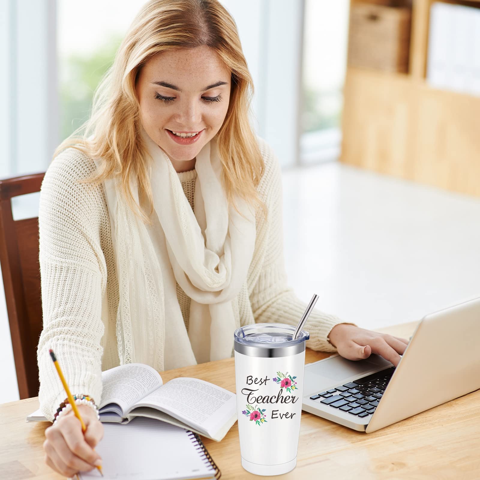 Best Teacher Ever Tumbler with Straw - 20oz Insulated Travel Mug for Women | Teacher Appreciation, Graduation & Birthday Gifts | Perfect for Classroom, Office & Commuting
