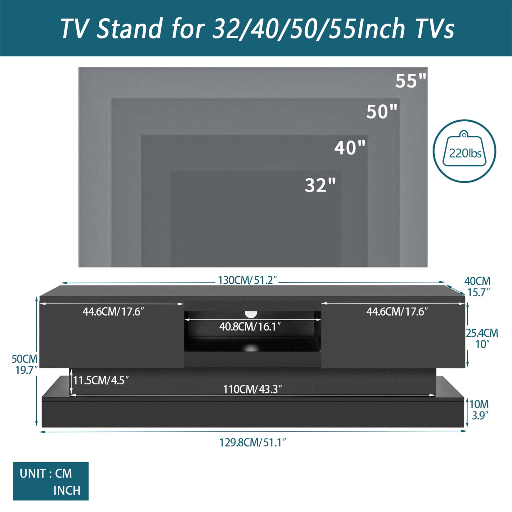 1.3M Modern High Gloss TV Stand with LED Lights - 2-Drawer Entertainment Center Media Console for 55 Inch TV, Black | Living Room Storage Cabinet with 16-Color Lighting for Home Theater Setup