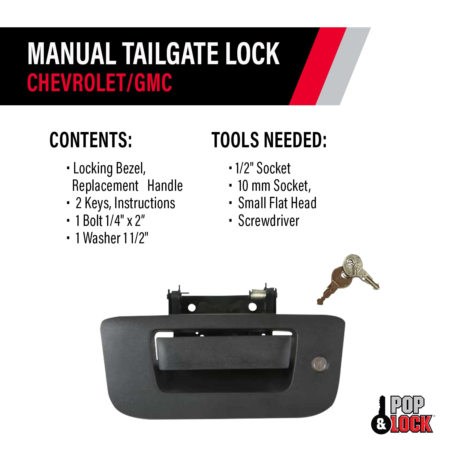 Pop & Lock PL1310 Black Manual Tailgate Lock for Chevy/GMC Trucks (New Body Style) - Secure Your Pickup Bed & Protect Cargo from Theft