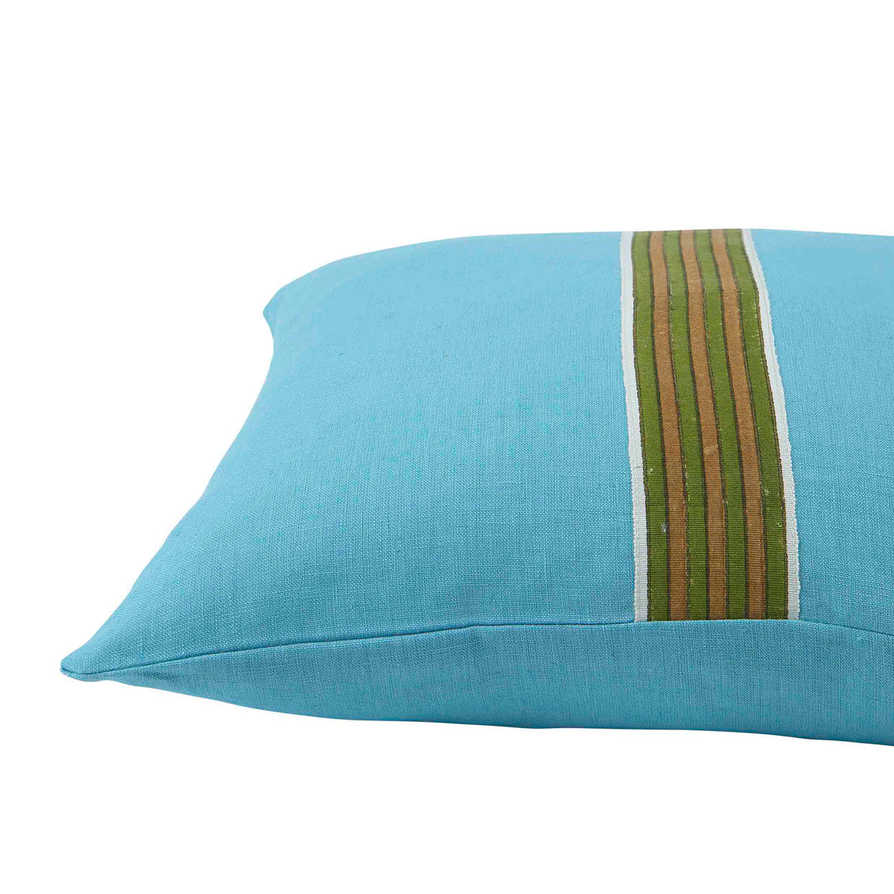 Pale Blue Linen Cushion Cover with Arya Stripe and Olive/Gold Trim - Perfect for Sofa, Bed, Chair Decor in Living Room or Bedroom