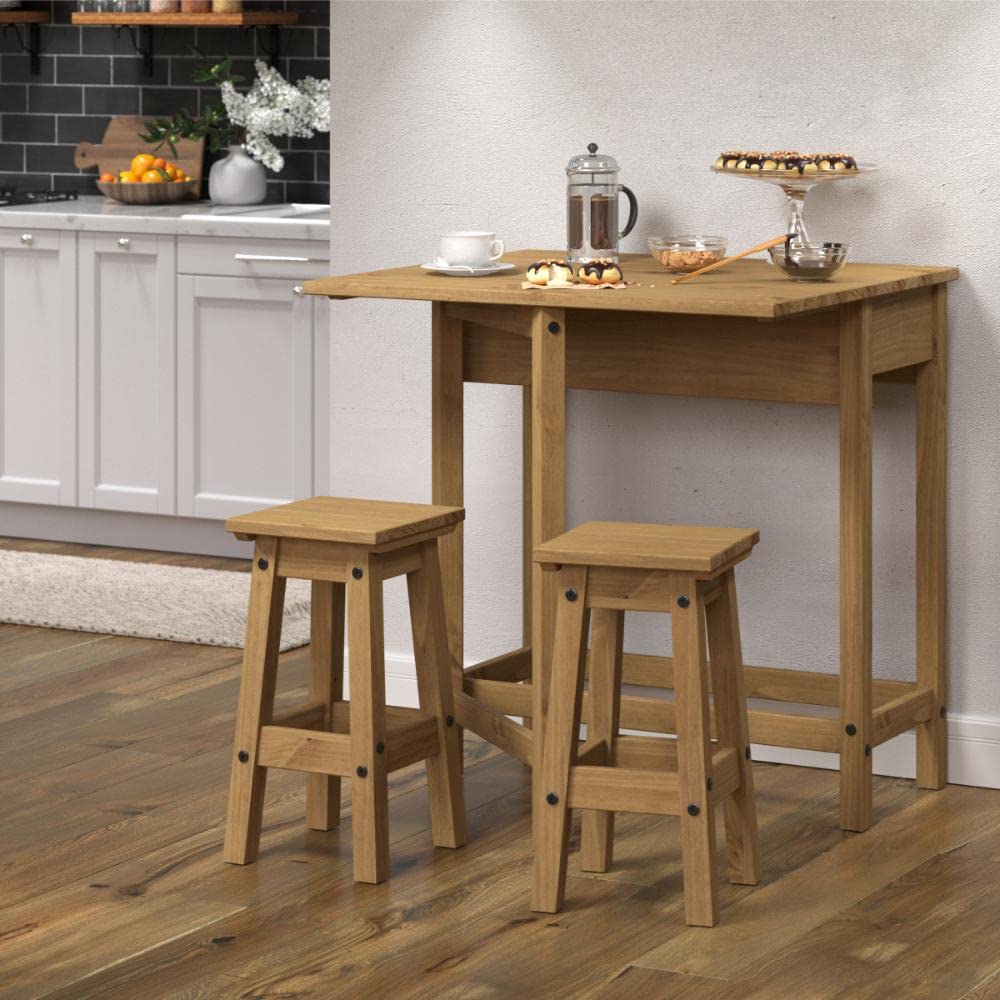 Solid Wood Drop Leaf Breakfast Table Set with 2 Stools - Compact Kitchen & Dining Furniture for Small Spaces | Perfect for Apartments, Breakfast Nooks & Cozy Dining Areas