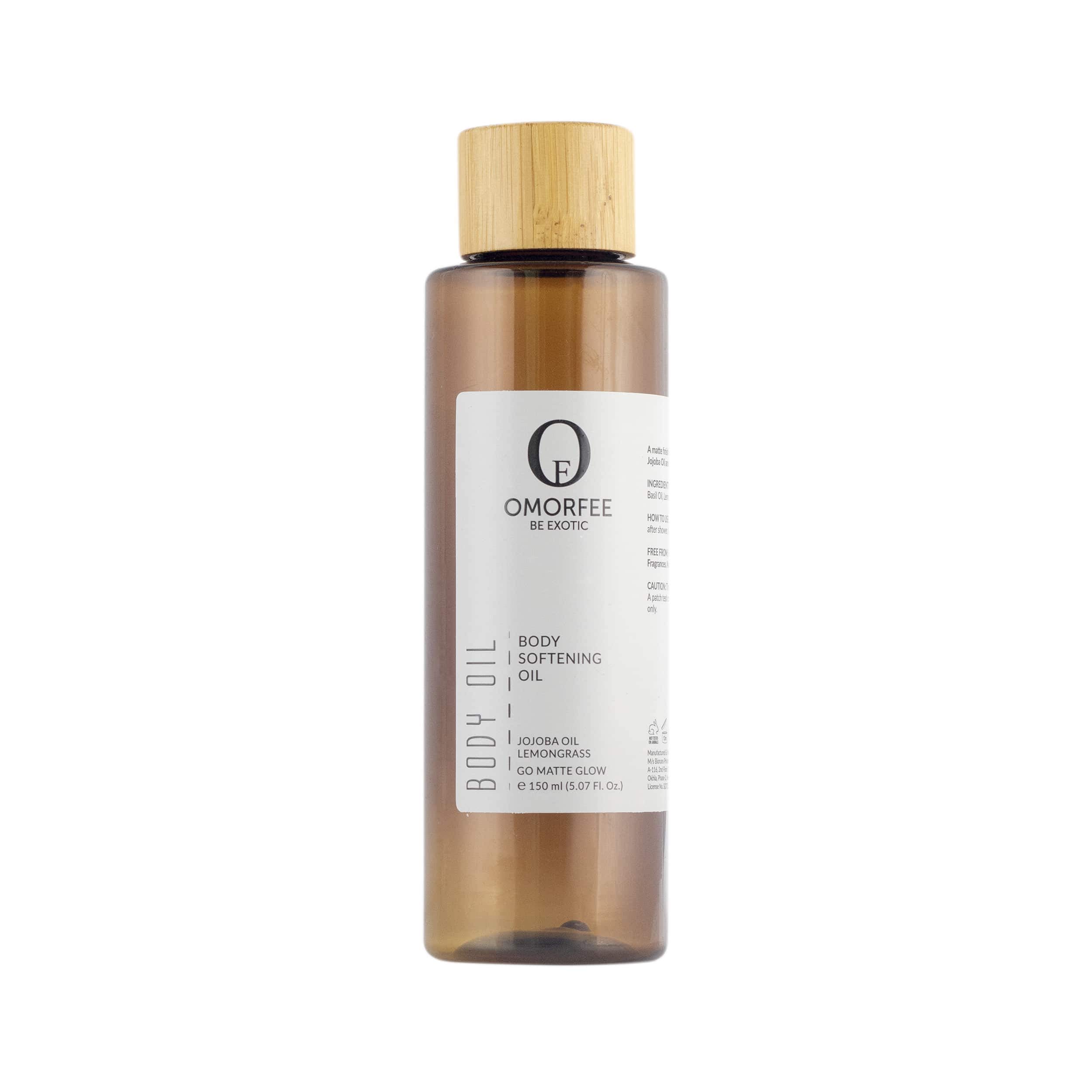 OMORFEE Organic Body Softening Oil - Natural Moisturizer with Jojoba, Lemongrass & Sweet Almond | After Shower Hydrating Body Oil for Dry Skin | Basil & Lavender Essential Oils | 150ml (5.07 Fl Oz) | Perfect for Post-Shower Hydration, Massage & Daily Skin Care Routine