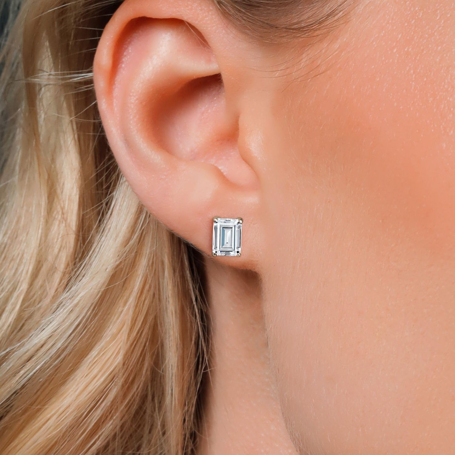 14K White Gold Emerald Cut 8X6MM Birthstone Stud Earrings for Women & Men | Gem Stone King | Perfect for Gifts, Anniversaries & Everyday Elegance