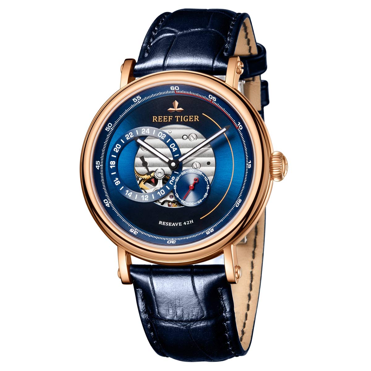 REEF TIGER Luxury Men's Automatic Watch - Blue Reserve RGA1617 with Genuine Leather Strap | Waterproof Dress Watch for Business, Formal Events & Gifts