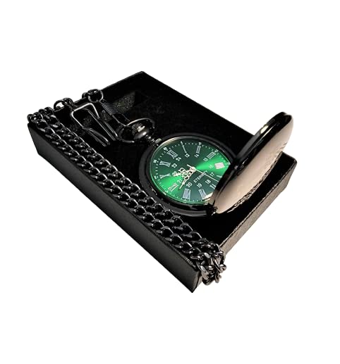 Personalized Vintage Engraved Pocket Watch with Green Dial & Roman Numerals - Includes Chain, Fitted Box & Custom Engraving - Perfect for Gifts, Weddings, and Antique Collectors (Black)