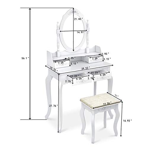 White Vanity Makeup Table with Stool Set - Wooden Rotating Mirror Dresser & Writing Desk 2-in-1, Storage Drawers & Cushioned Bench | Perfect for Bedroom, Dressing Room & Home Office Organization