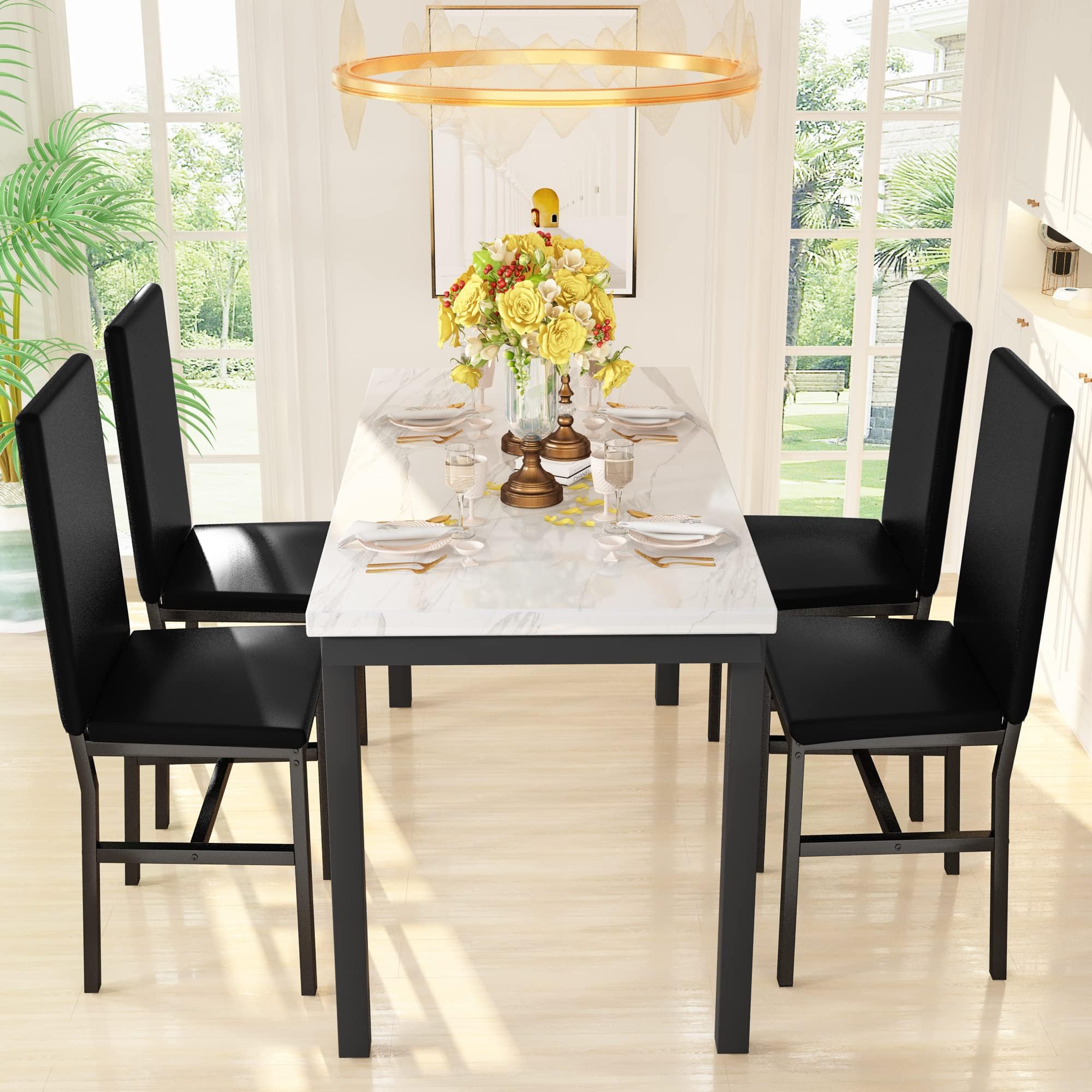 Hooseng Modern 5-Piece Dining Set - White Faux Marble Table with 4 PU Leather Chairs for Small Spaces | Perfect for Apartments, Home Bars & Compact Dining Areas