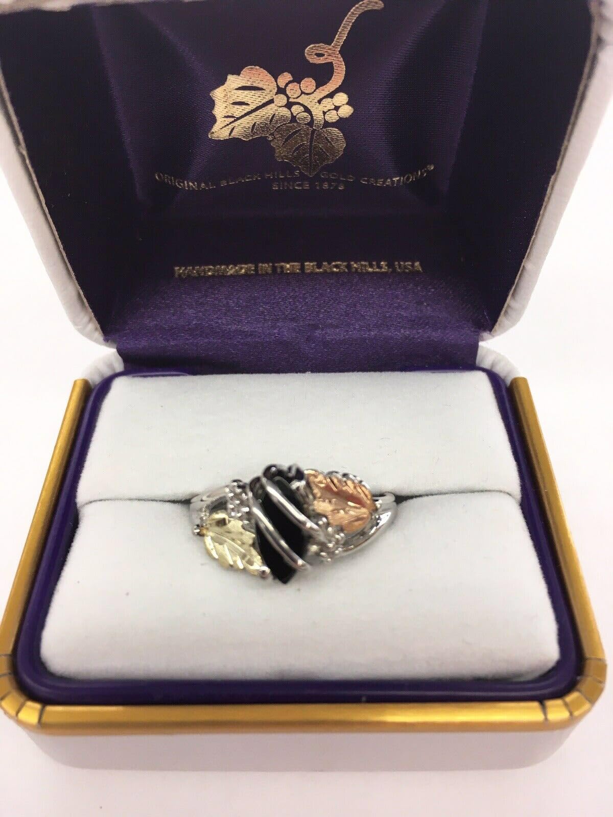 Elegant Marquise Onyx Double Wrap Ring - Sterling Silver with 12k Green & Rose Black Hills Gold Accents - Perfect for Weddings, Parties & Special Occasions