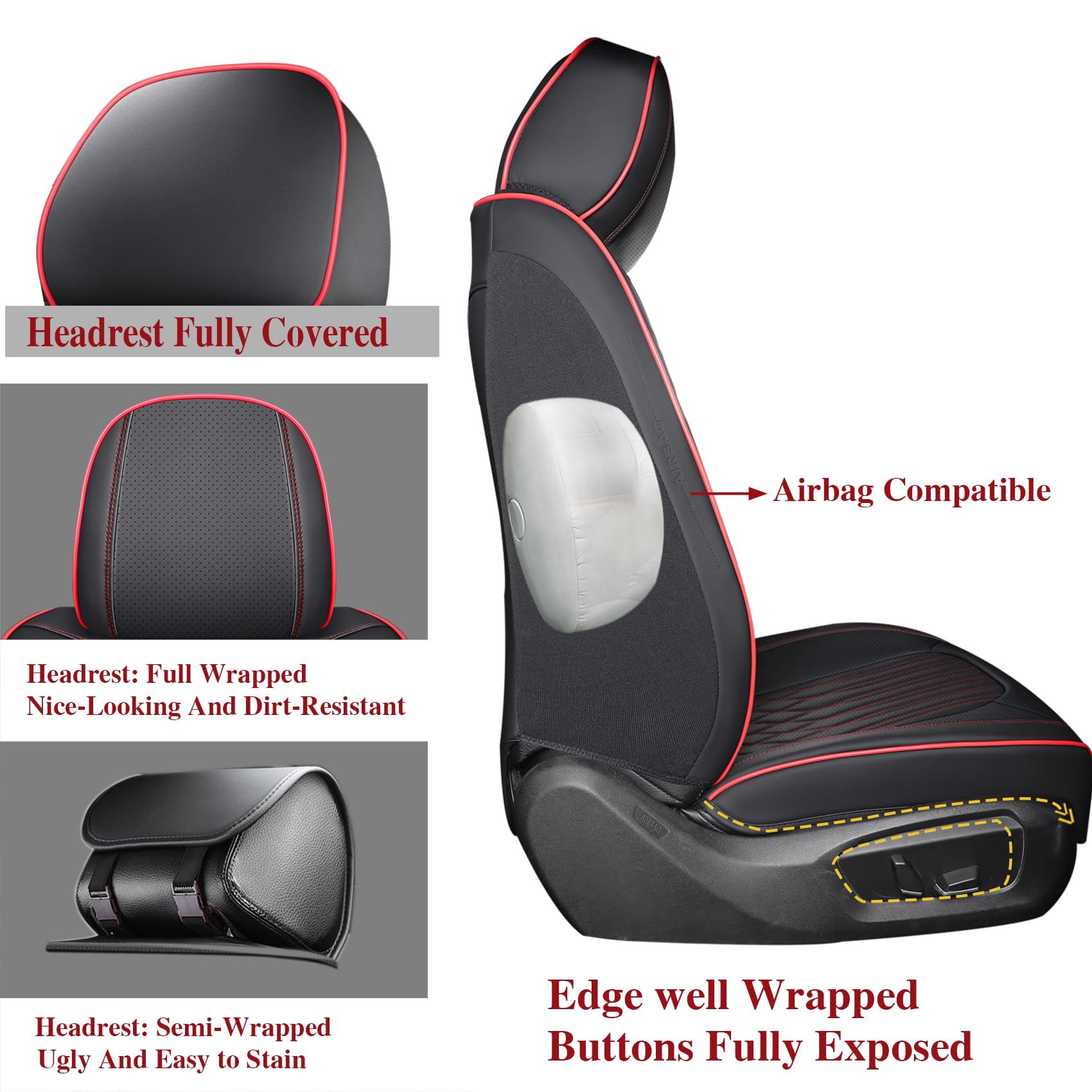 Premium Faux Leather Car Seat Covers Full Set - Universal Fit for Most Sedans & SUVs | Super Breathable, Full Wrapping Edge with Storage Bags | Red & Black | Perfect for Daily Commute, Road Trips & Family Travel