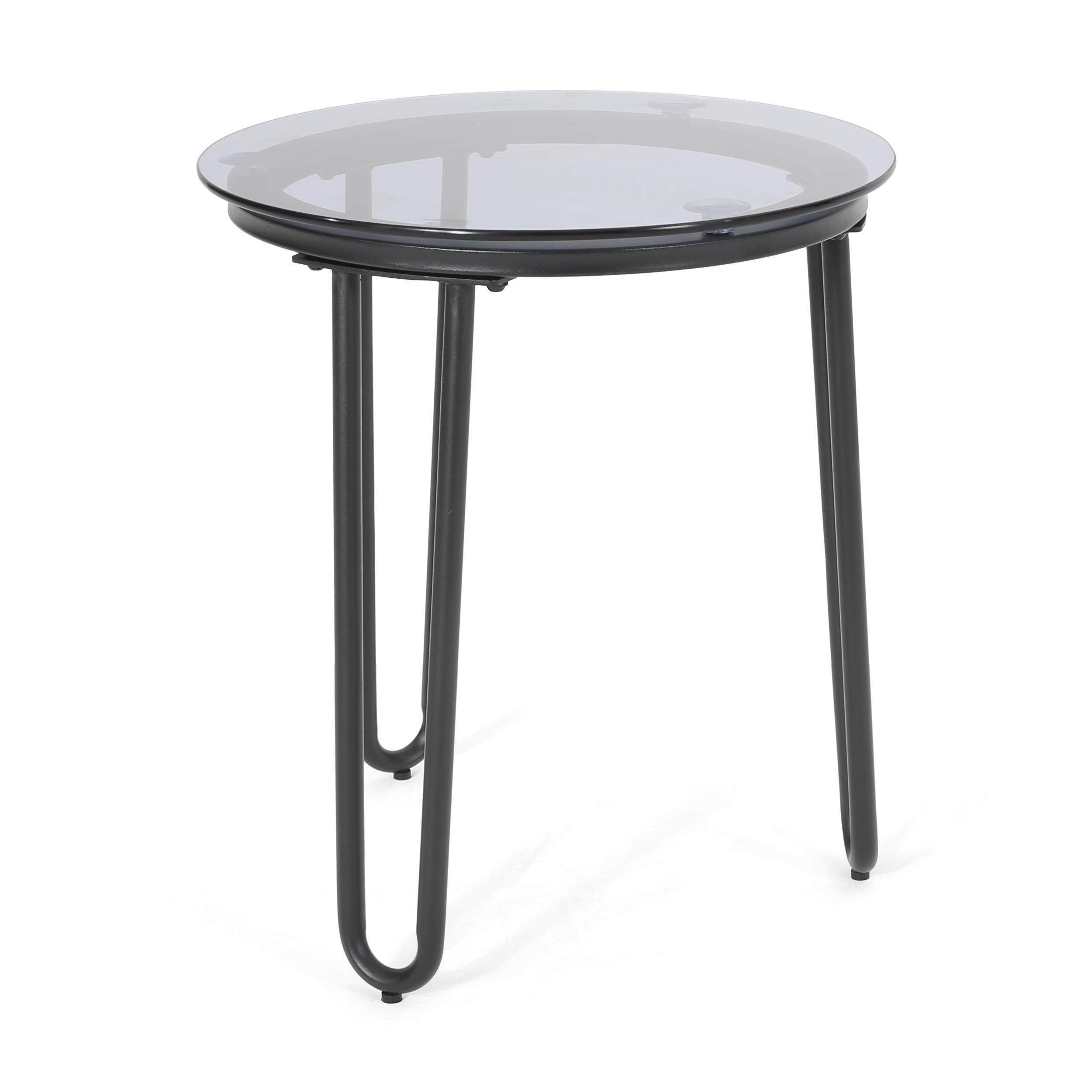 GDF Studio Modern Outdoor Side Table with Tempered Glass Top - Black Metal Patio End Table for Garden, Poolside, Balcony & Porch Furniture