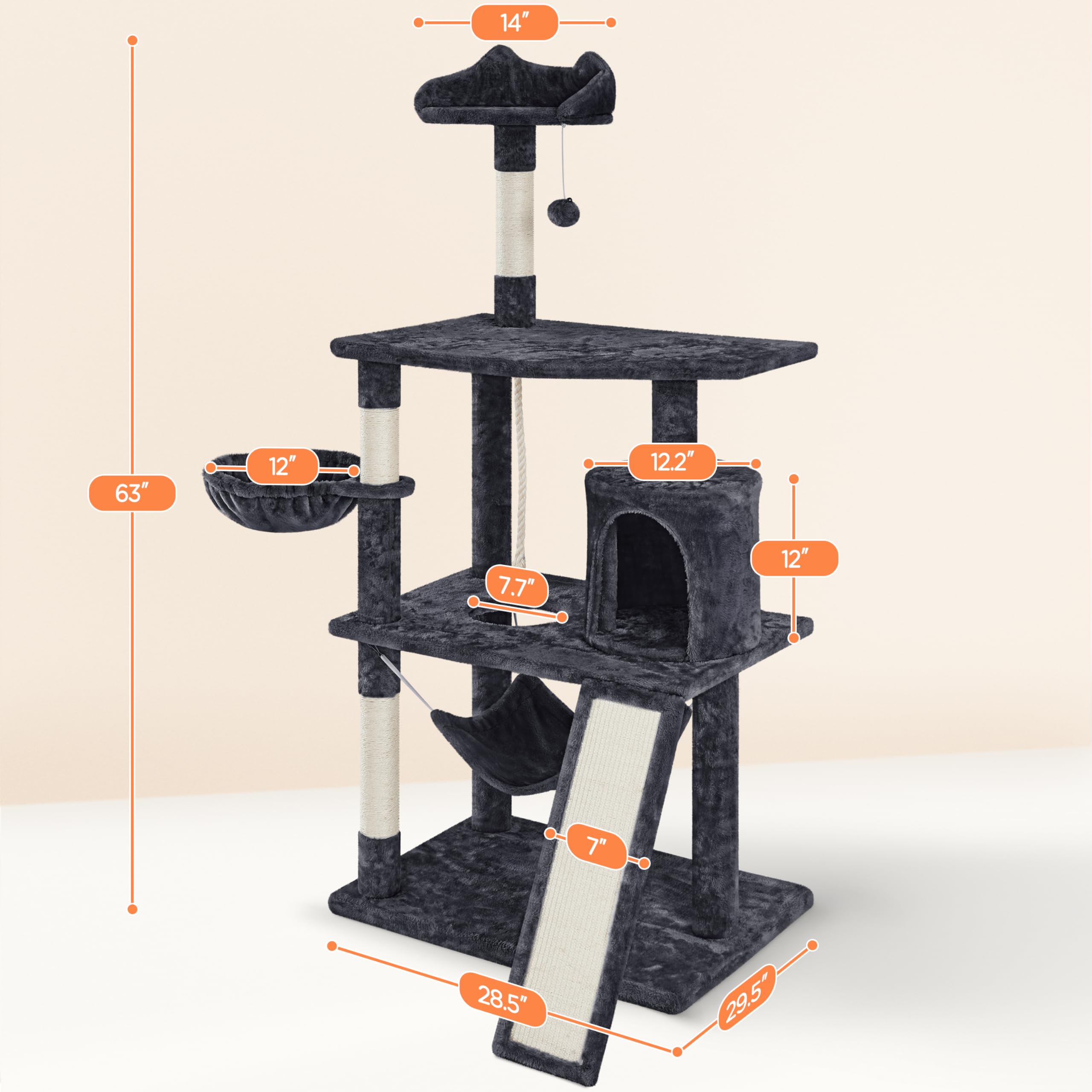 Topeakmart 63.5 Inch Cat Tree Tower for Indoor Cats - Multi-Level Cat Condo with Scratching Posts, Perches & Playhouse - Perfect Kitten Activity Center for Small Spaces & Apartments