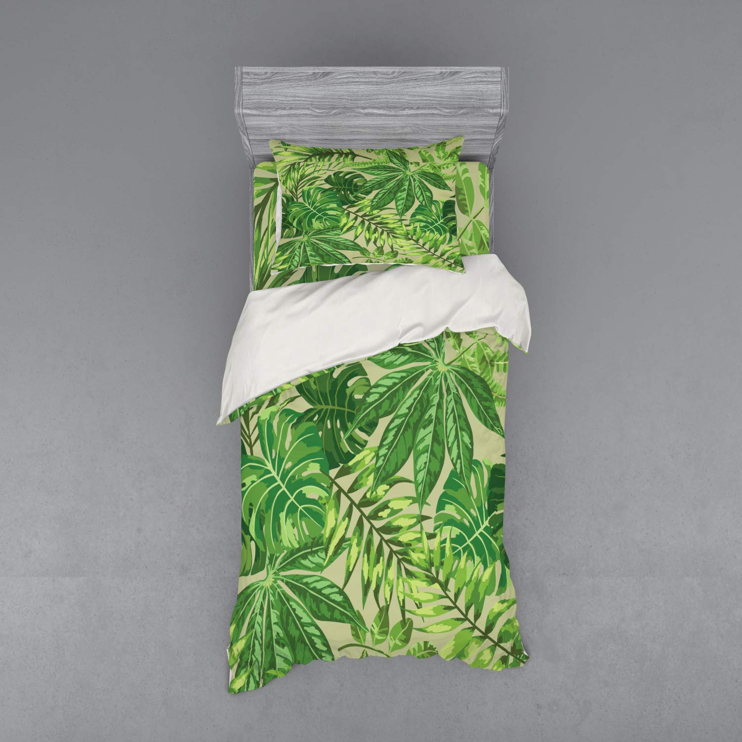 Ambesonne Tropical Leaf Duvet Cover Set - 3 Piece Bedding with Sham & Fitted Sheet, Twin Size in Fern Green & Beige | Exotic Jungle Pattern for Hawaiian & Boho Bedroom Decor | Perfect for Beach House, Vacation Rental or Tropical Theme Bedroom
