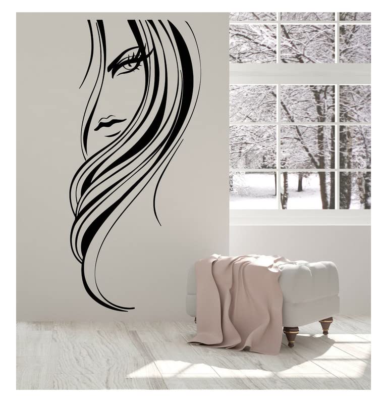 LYOMAN® Beautiful Girl Face Vinyl Wall Decal - Long Hairstyle Hair Salon Sticker for Salon Decor, Bedroom, Living Room & Office Wall Art
