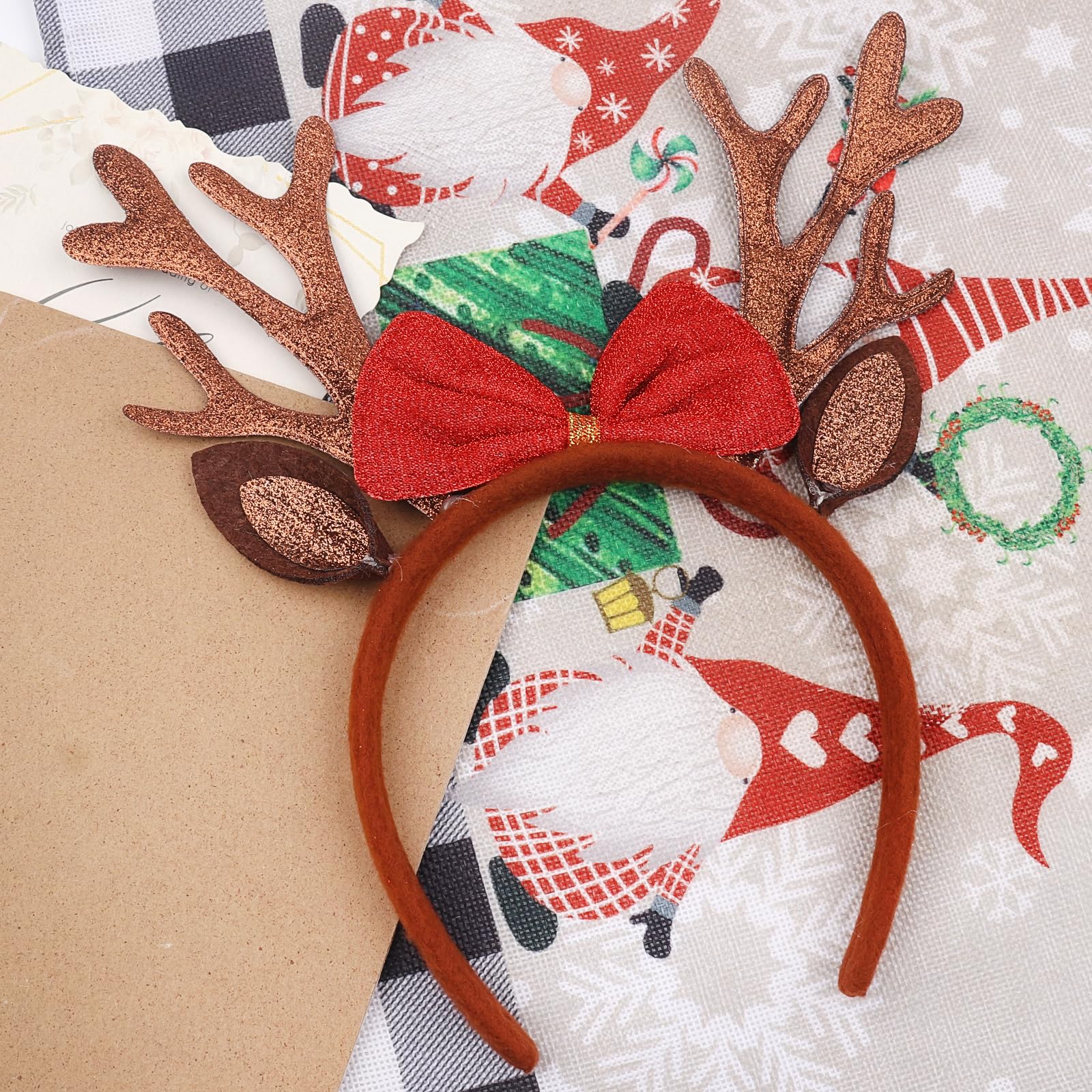 QDTK Brown Reindeer Antlers Headband for Women & Girls - Sparkling Sequined Glitter Deer Ears with Bow Hair Accessories | Christmas Holiday Party Costume, Xmas Photo Props, Festive Outfit Decoration