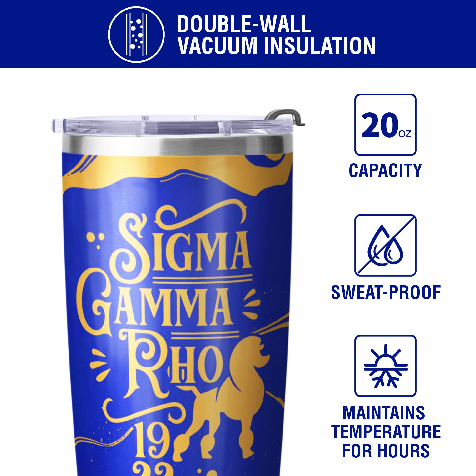 BBGreek Sigma Gamma Rho 20 oz Stainless Steel Insulated Tumbler - SGRho 1922 Sorority Cup with Lid & Straw - Perfect for Sisterhood Events, College Parties & Greek Life Accessories