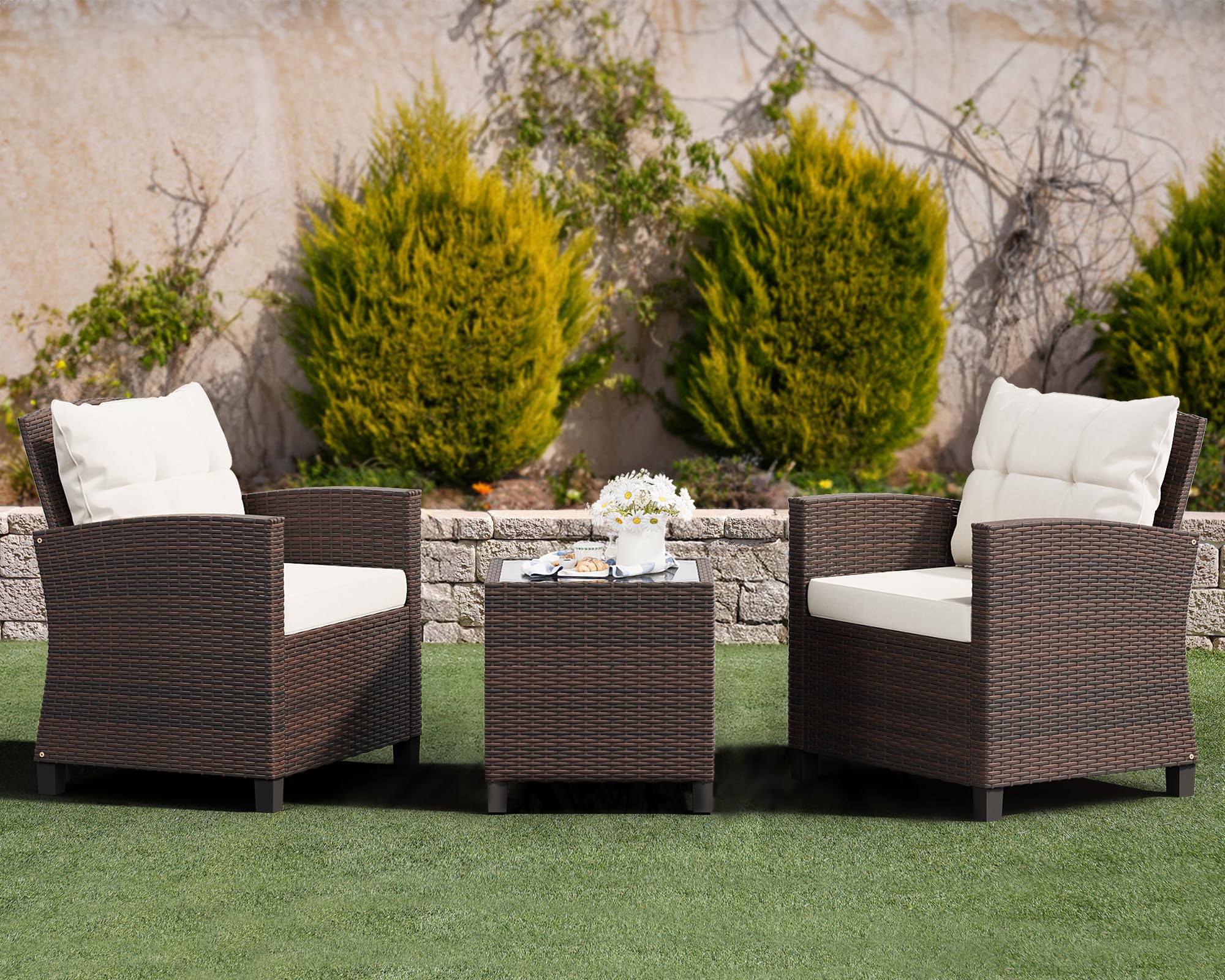 Shintenchi 3-Piece Patio Furniture Set - PE Rattan Wicker Chairs with Table, Outdoor Dining Set for Backyard, Garden, Poolside - Brown Rattan with White Cushions | Perfect for Outdoor Entertaining, Relaxation & Al Fresco Dining