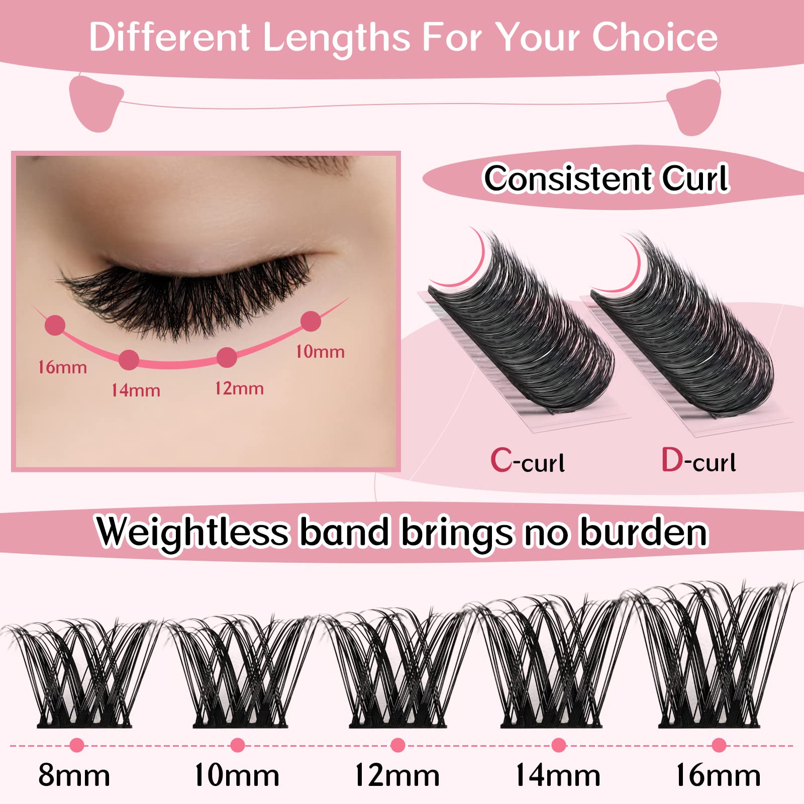72 Pcs Cluster Lashes for DIY Eyelash Extensions - Reusable Soft & Comfortable Individual Lash Clusters, Fluffy Super Thin Band (Tender-D-8-16mix) | Perfect for Natural Everyday Look, Parties & Special Occasions