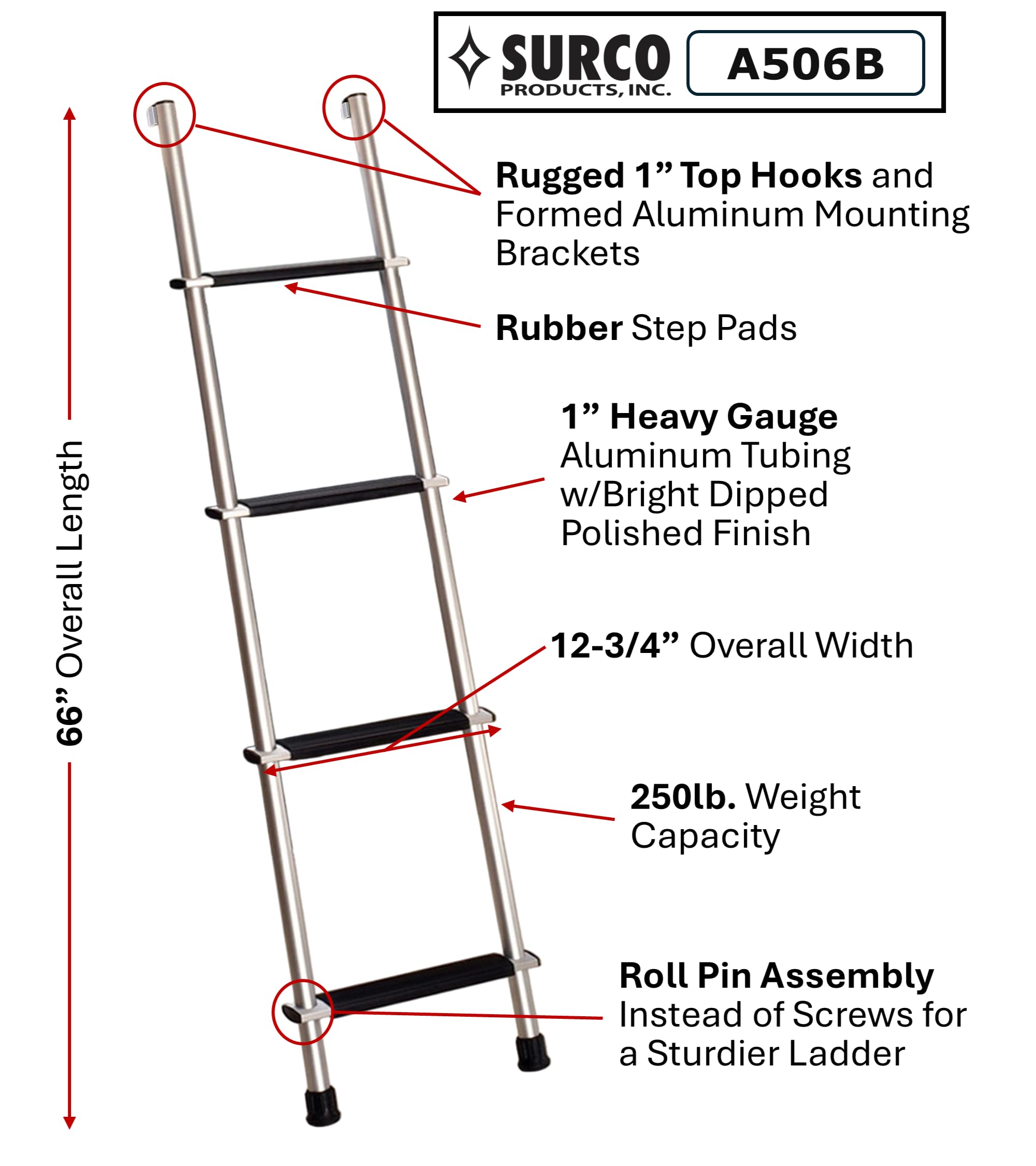 Lightweight Aluminum RV Bunk Ladder - 66 Inch Tall Motorhome Ladder with 1 Inch Hook Retainer & 250 lb Weight Capacity - Perfect for Campers, Travel Trailers & Fifth Wheels