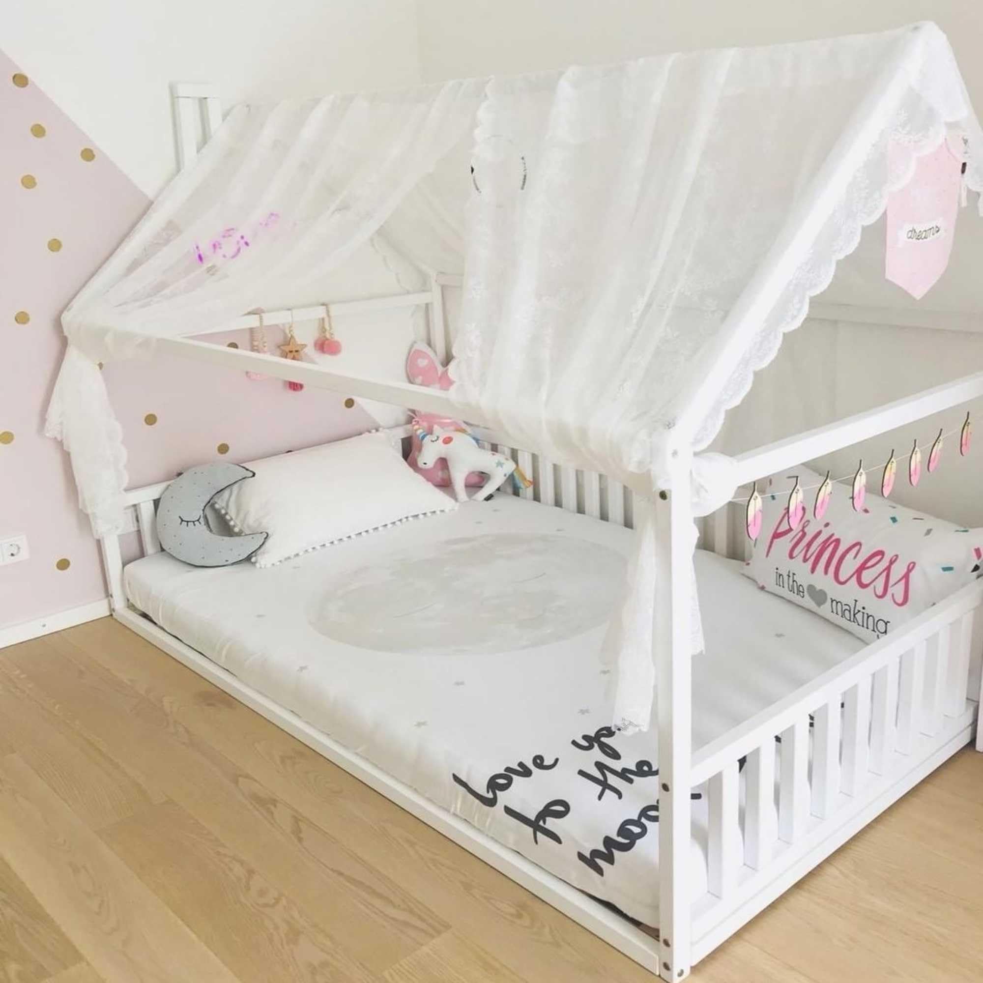 Montessori Kids House Bed with Rails - Safe Toddler Floor Bed for Playroom