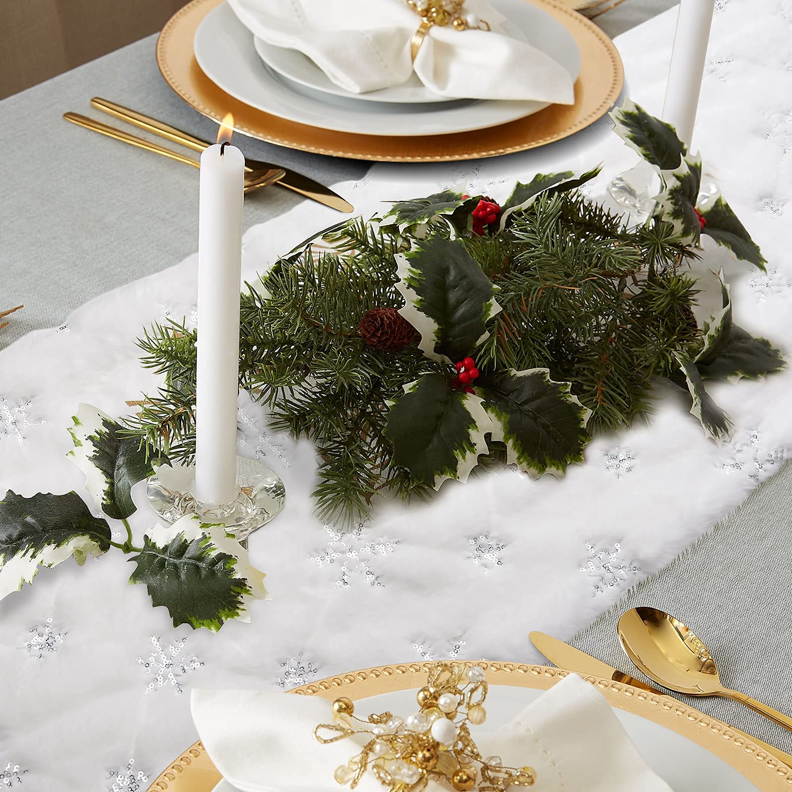 Yuboo White and Silver Sequin Snowflakes Fur Christmas Table Runner - 72 Inch Snow Furry Dresser Runner for Holiday Decor, Xmas Table & Bed Decoration - Perfect for Christmas Parties, Winter Home Decor & Festive Dining Settings