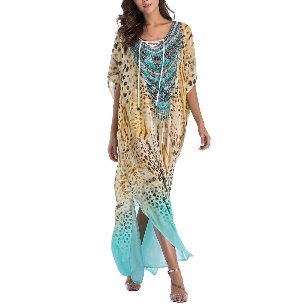 SMUDGE Life Women's White Ethnic Print Kaftan Maxi Dress - Flowy Summer Beach Cover Up Dress for Vacation, Pool Party & Boho Fashion