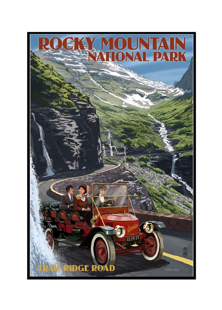 24x36 Framed Gallery Wrapped Canvas Print - Rocky Mountain National Park Colorado Landscape Art with Vintage Stanley Steamer - Perfect for Living Room, Office & Cabin Decor