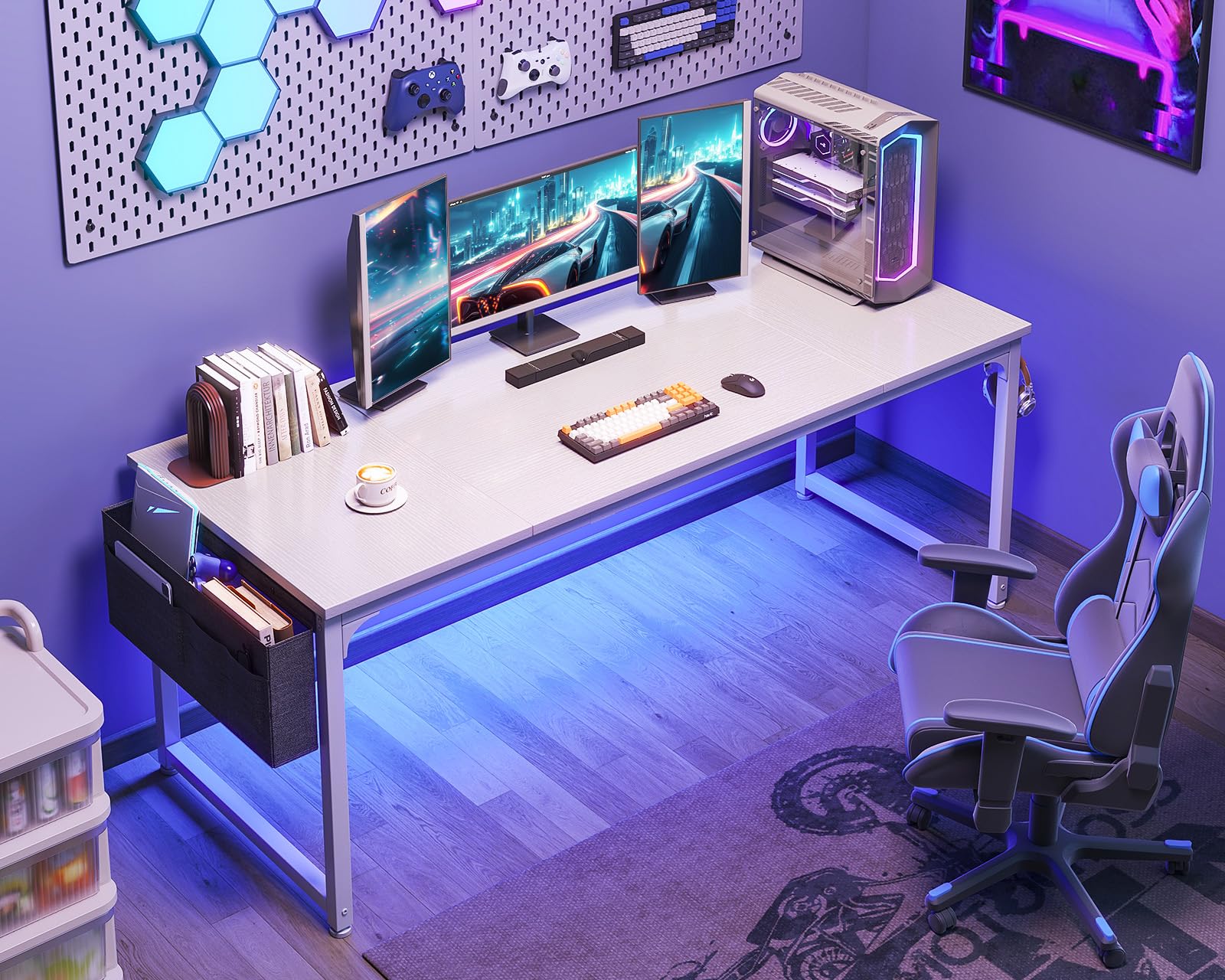 63 Inch ODK Large Computer Desk with Storage | Modern Office & Gaming Desk for Home | PC Work Table with Headphone Hook & Splice Board | White & White Leg | Perfect for Remote Work, Gaming Setup & Home Office