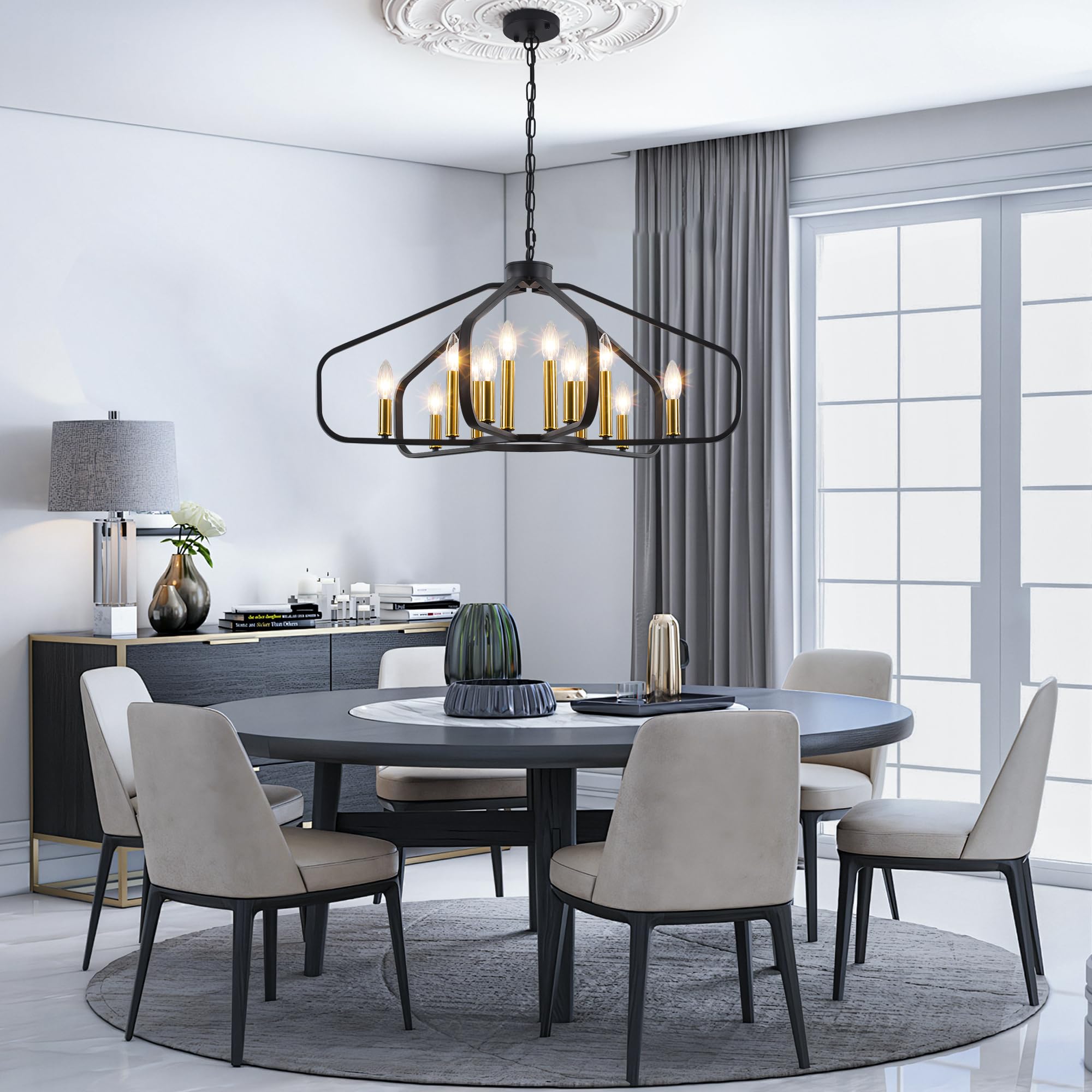 32.28'' Large Black and Gold Modern Farmhouse Cage Chandelier - 12-Light Dining Room Lighting Fixture for Living Room, Bedroom, Kitchen, Entryway & Foyer | Perfect for Rustic Home Decor & Wedding Venue Lighting