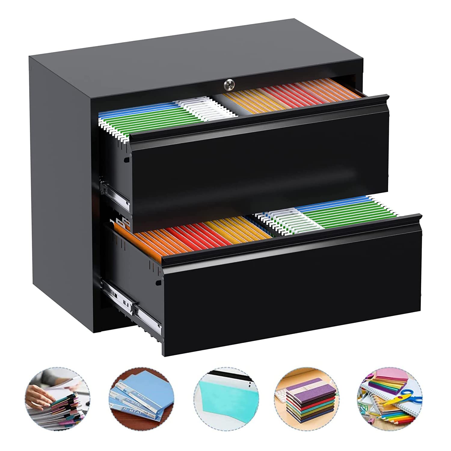 GangMei 2-Drawer Metal Lateral File Cabinet - Wide Office Storage Cabinet with Ins Design, Black - Easy Assembly Required | Perfect for Home Office, Study Room & Workspace Organization