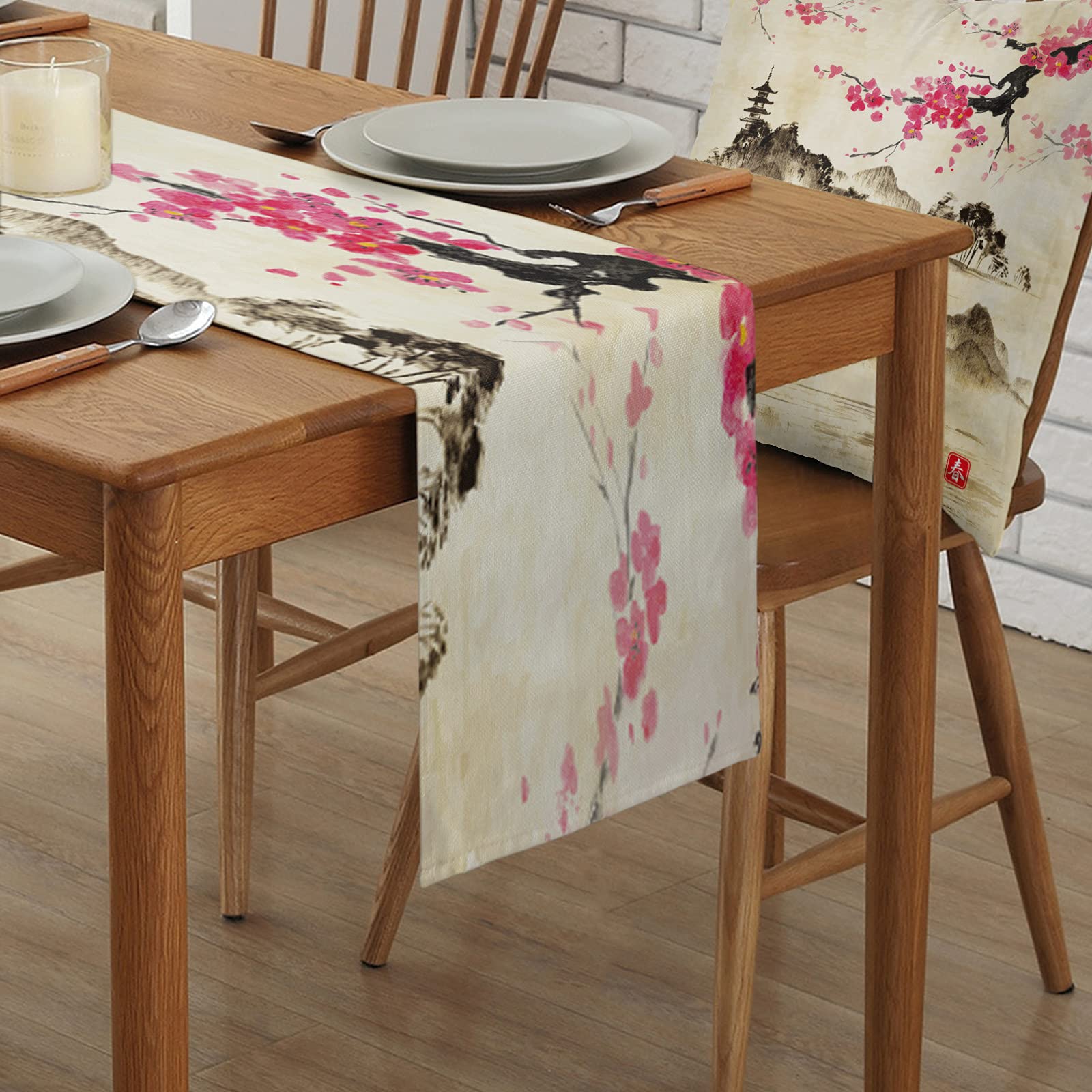 Black and Red Cherry Blossom Cotton Linen Table Runner - 13x120 Inch Rectangular Dining Table Scarf for Farmhouse Kitchen, Wedding, Party & Holiday Decor - Perfect for Dinner Tables, Buffets, and Dresser Decoration