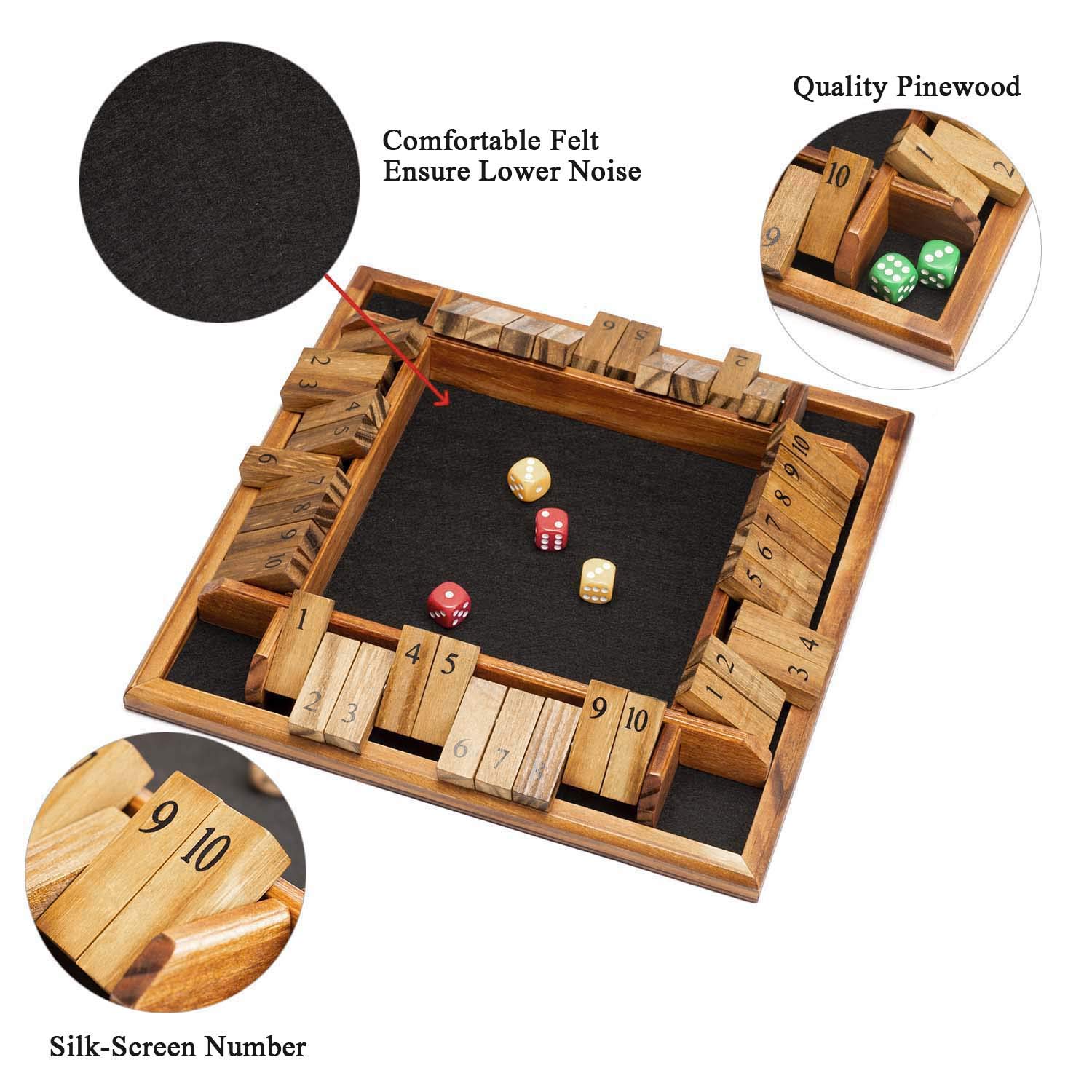 AMEROUS 1-4 Players Shut The Box Dice Game - Wooden Board Math Tabletop Game with 12 Dice & Instructions for Kids, Adults, Family, Classroom, Pub - Fun Educational Game for Home, Parties & Bars (12 Inch)