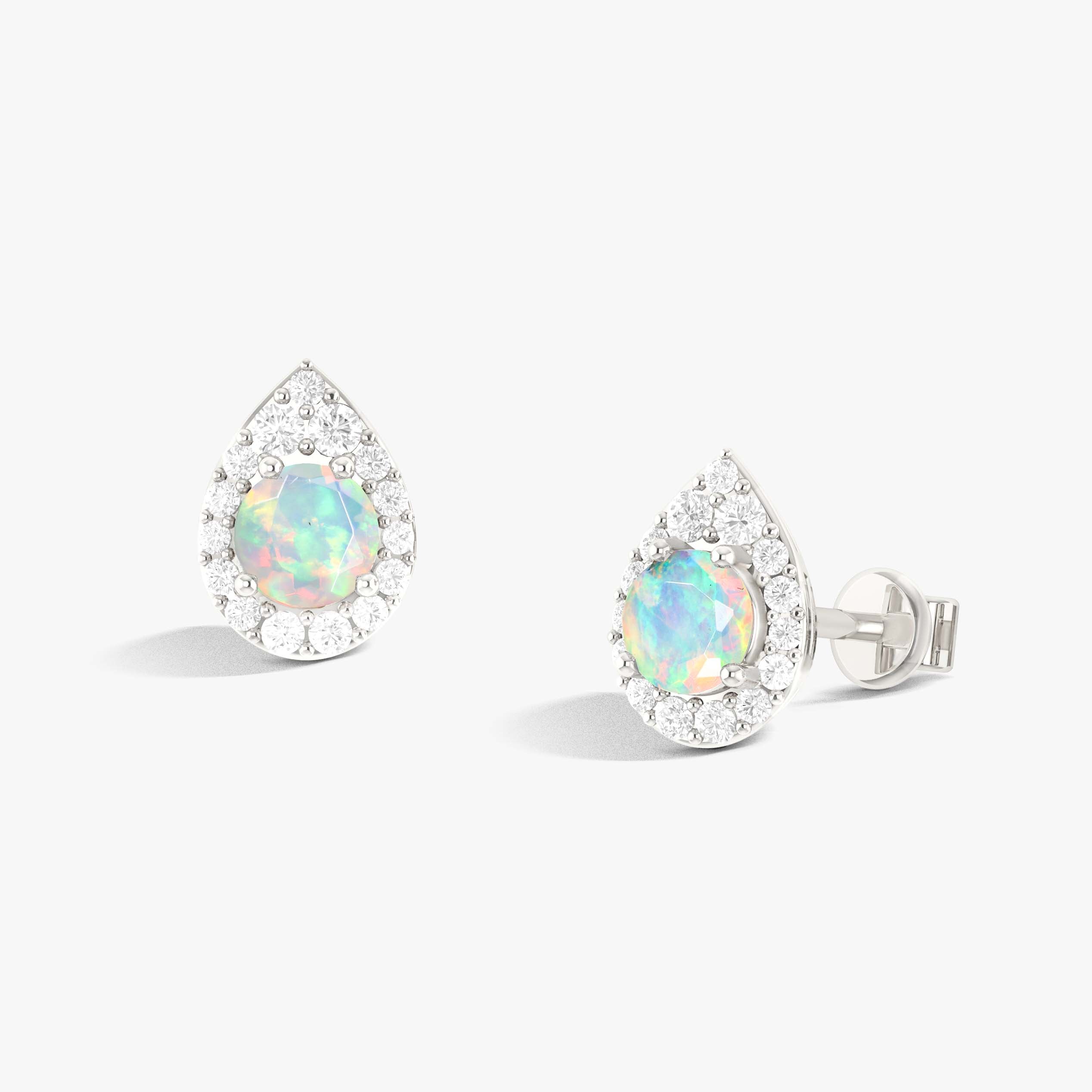 4MM Round Natural White Opal Halo Stud Earrings with Push Back - Elegant Dainty Jewelry for Women, Perfect for Everyday Wear, Parties & Gifts