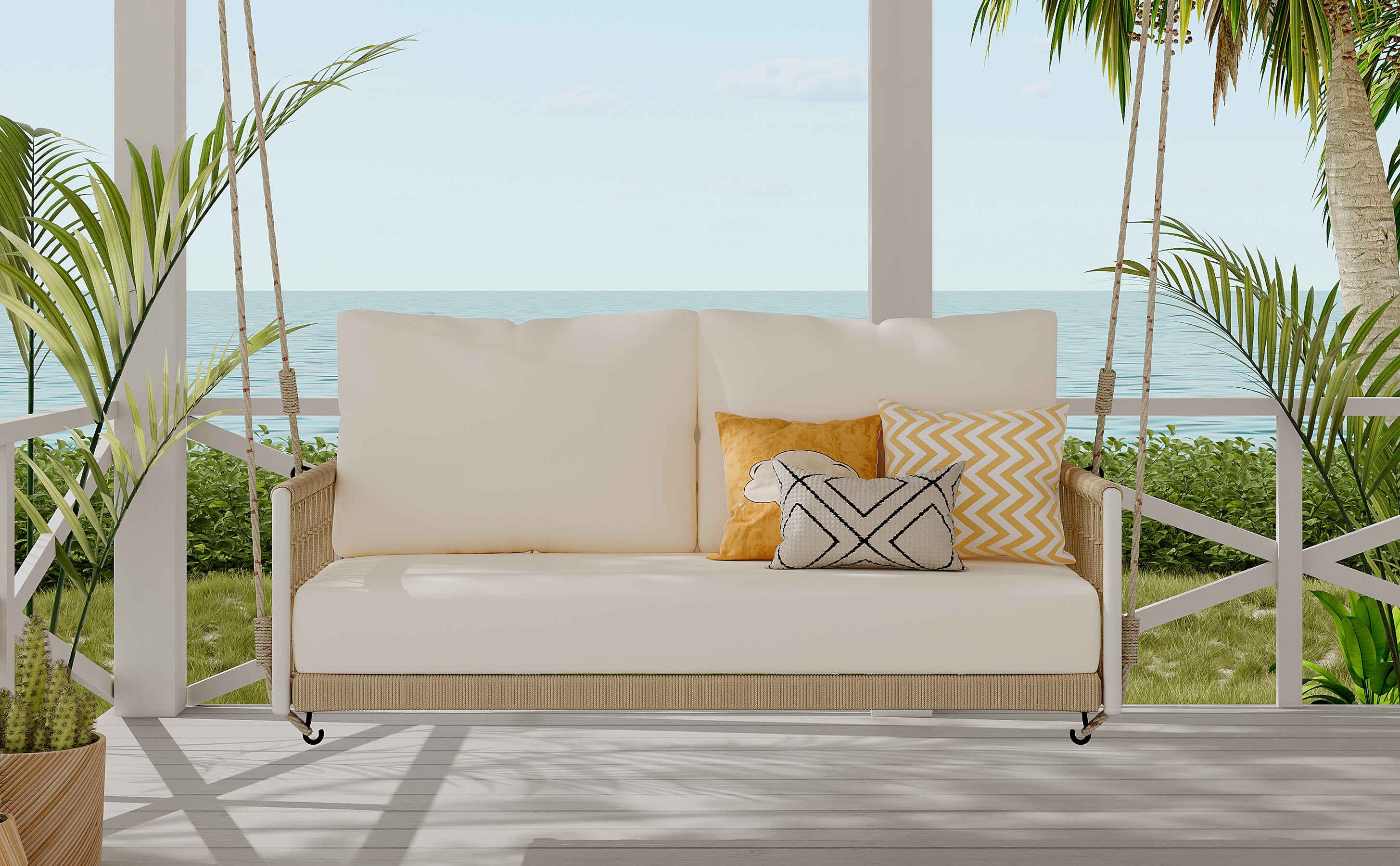 1 Piece Woven Rope Outdoor Swing Sofa with Soft Cushions - Seats 2 People - Perfect for Patio, Garden, Backyard, Balcony & Porch - Weather-Resistant Beige Hanging Chair for Relaxation & Leisure Time