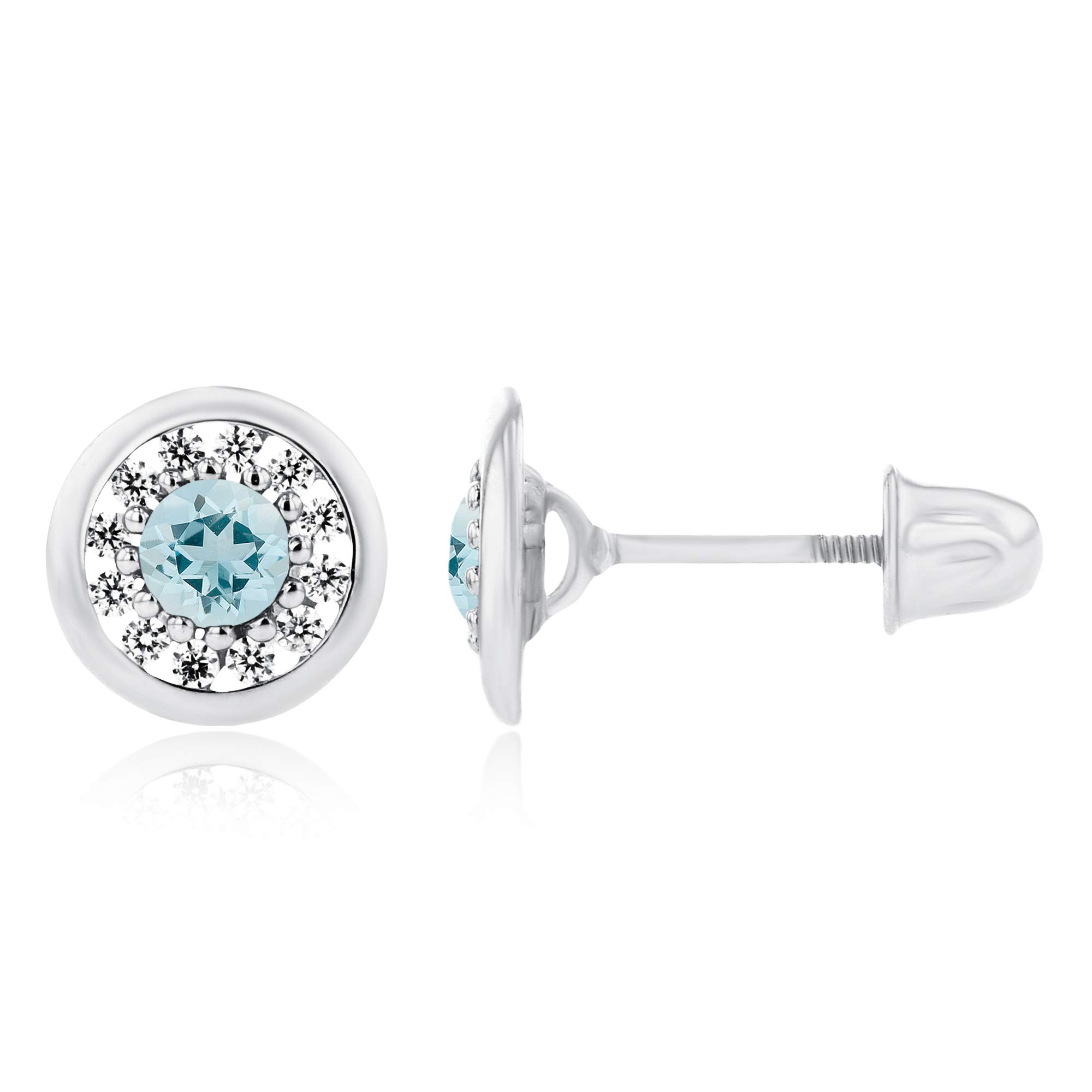 14K Solid Gold 7mm Circle Natural Birthstone Screwback Stud Earrings for Women | 3mm Birthstone & 1mm White Sapphire Pave | Perfect for Everyday Wear, Gifts & Special Occasions