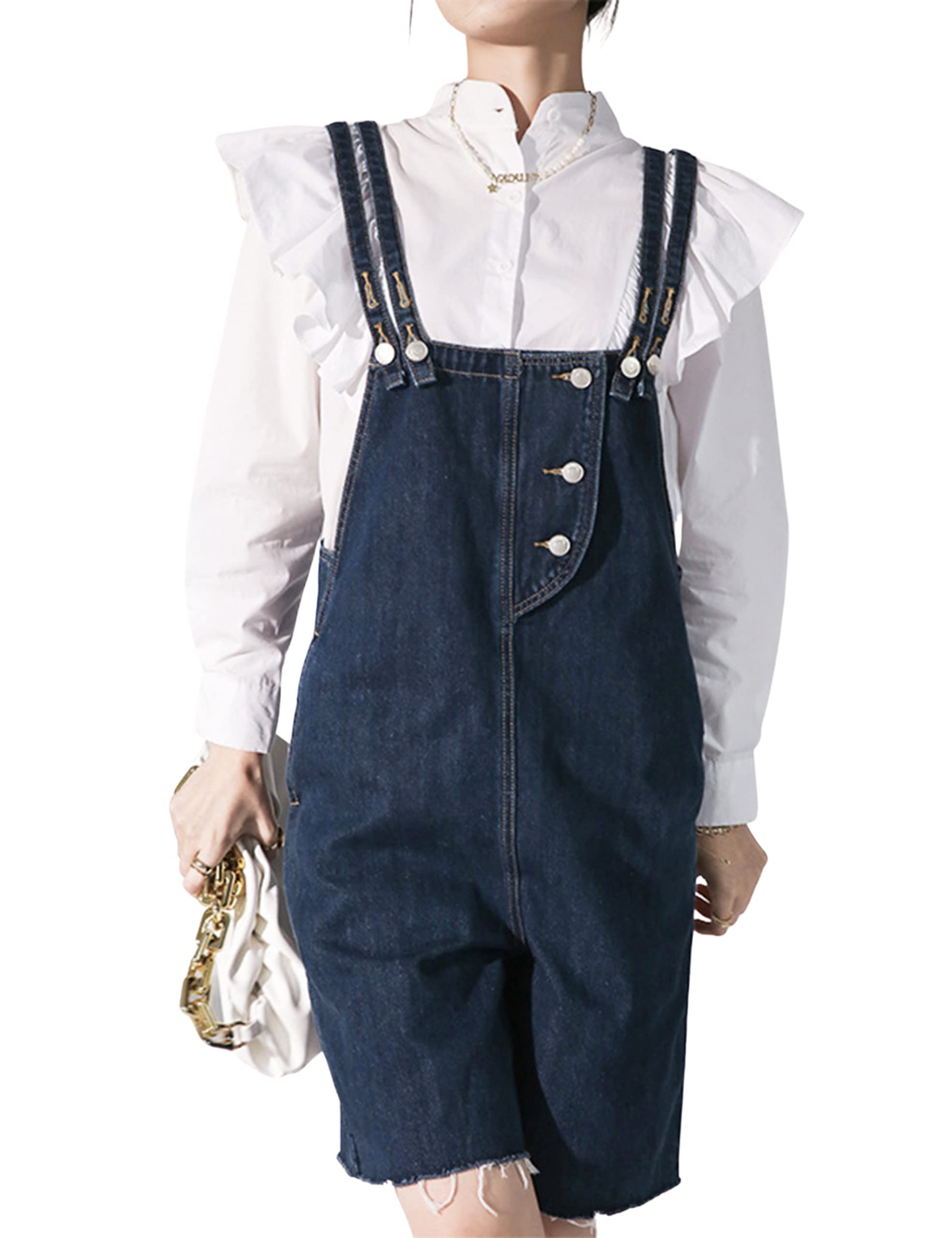 PUWEI Women's Blue Denim Short Jumpsuit - Distressed Casual Jean Bib Overalls with Raw Cuff | Perfect for Summer Outfits, Music Festivals & Casual Street Style
