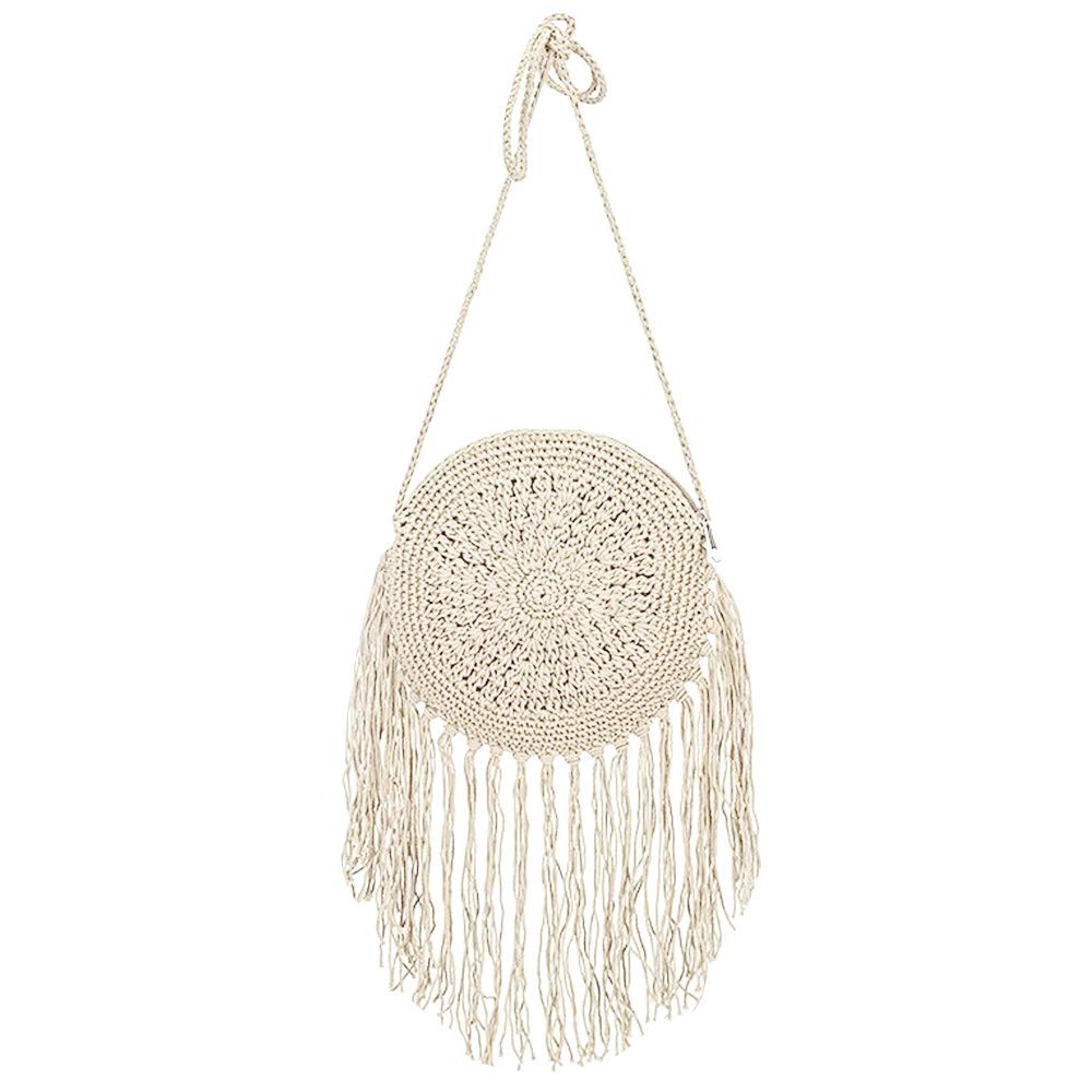 Stylish Women's Mini Round Tassel Crossbody Bag - Handwoven Cotton Crochet Boho Shoulder Purse for Casual Outings, Beach Trips & Festival Fashion