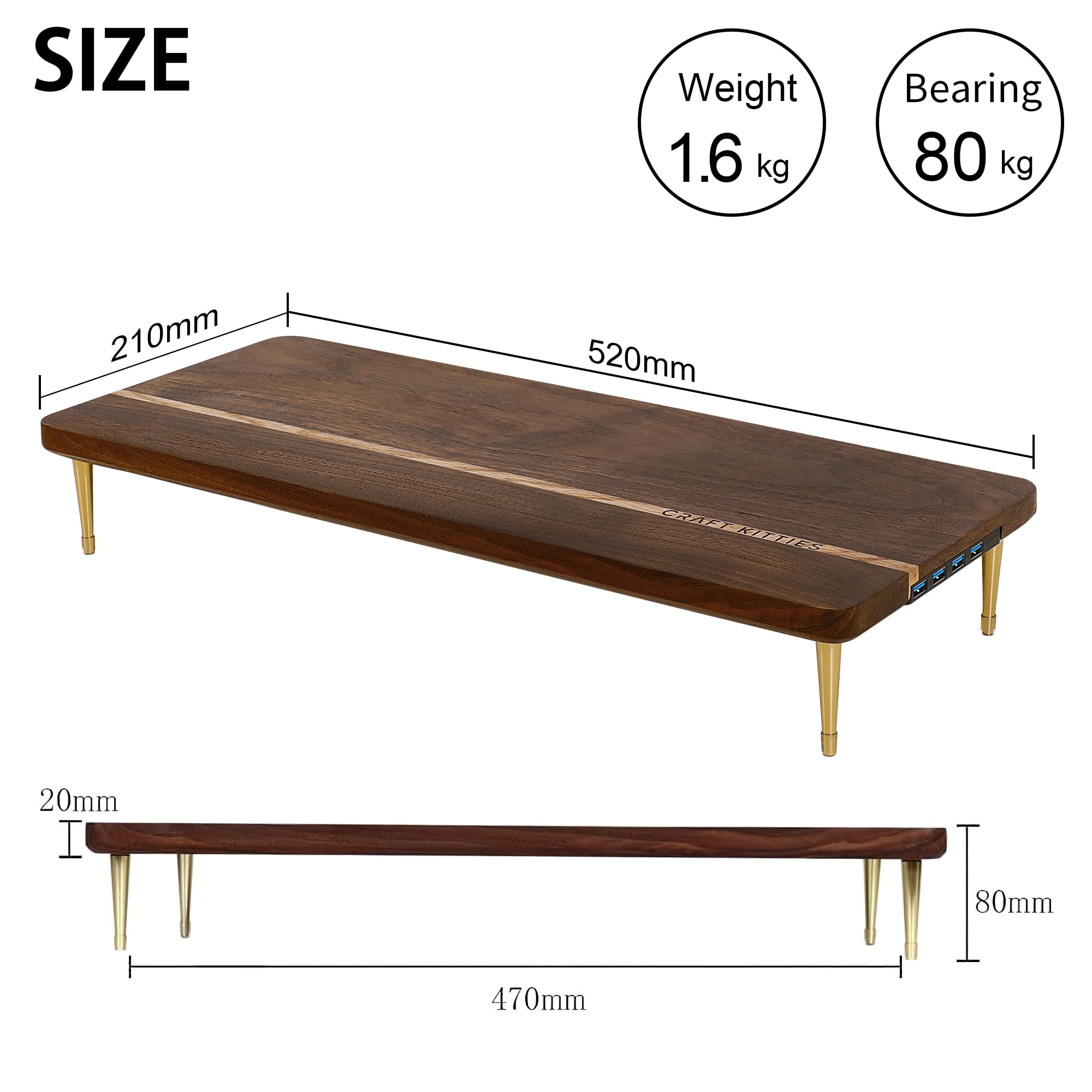 Premium Wood Monitor Stand Riser with 4 USB Ports - American Walnut Desktop Organizer & Charging Hub (20.5x8.3in) - Perfect for Computer, Mac, PC & Smartphone - Ideal for Home Office, Gaming Setup & Workspace Organization